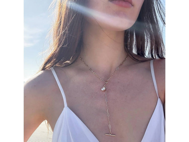 Gold Lariat Necklace with CZ Charm