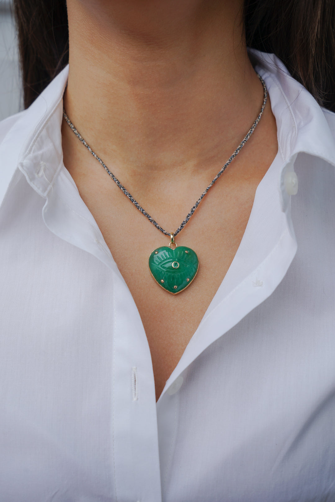 10k Green Chrysoprase Heart Necklace with Carved Evil Eye and Emerald