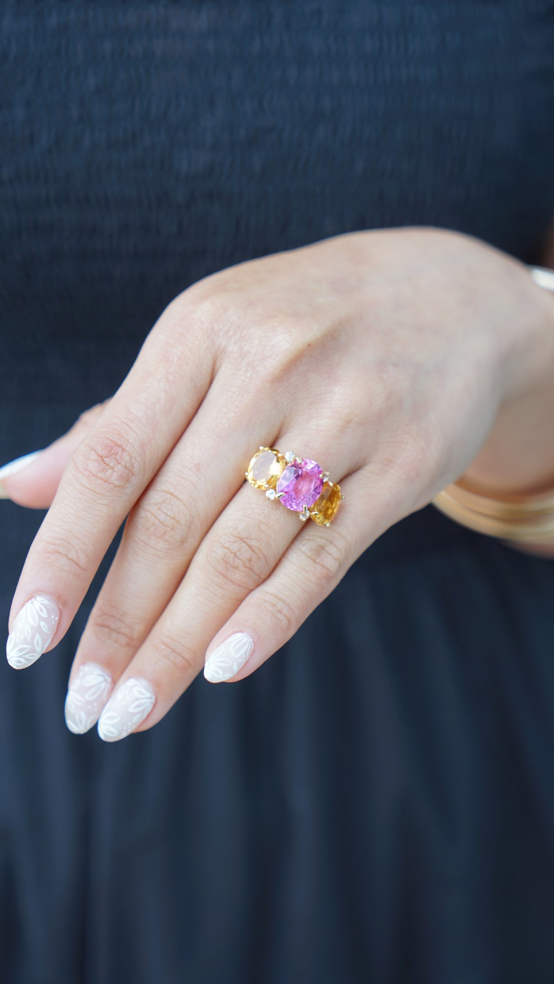 Three-Stone Pink Sapphire and Citrine Ring with White Topaz