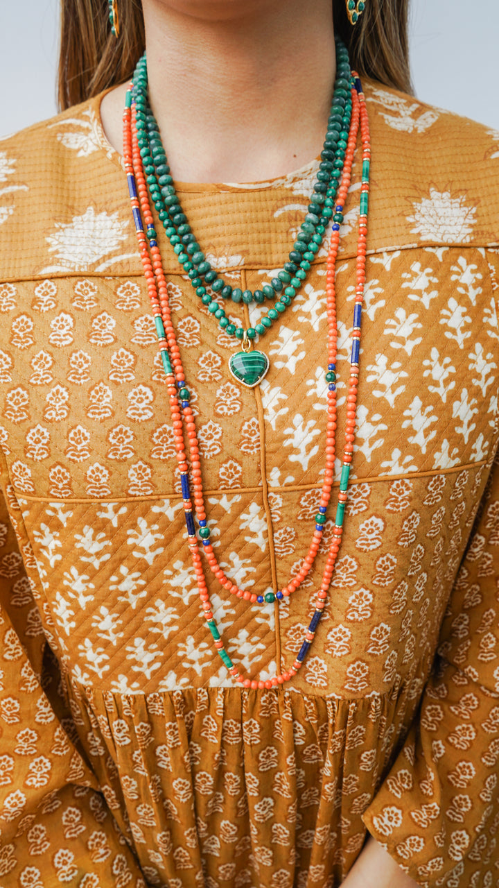 1960s Coral, Malachite, and Lapis Beaded Necklace