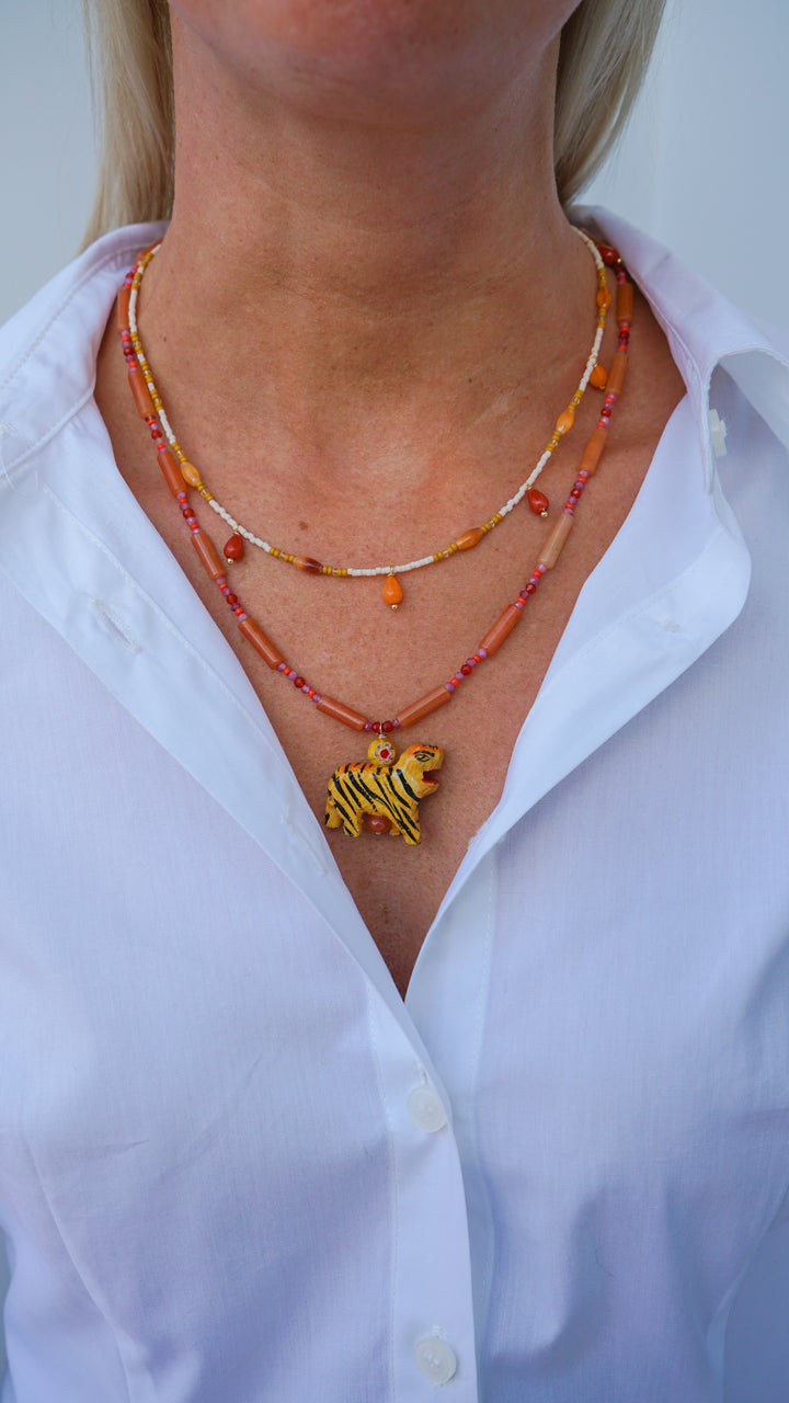 Red Aventurine, Tourmaline, and Glass Bead Necklace with Tiger
