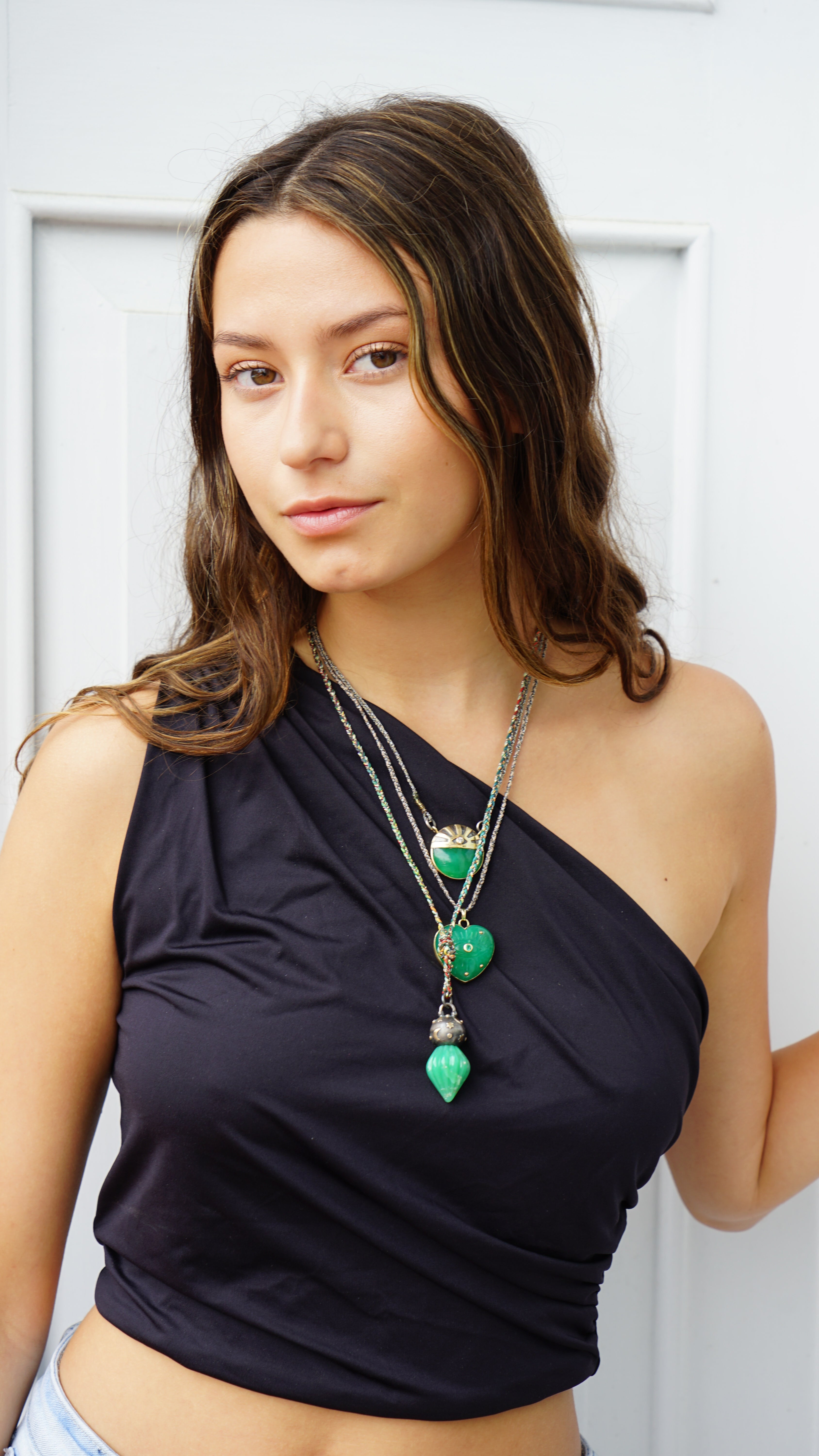 10k/SS Carved Green Chrysoprase Necklace with Diamond Sphere