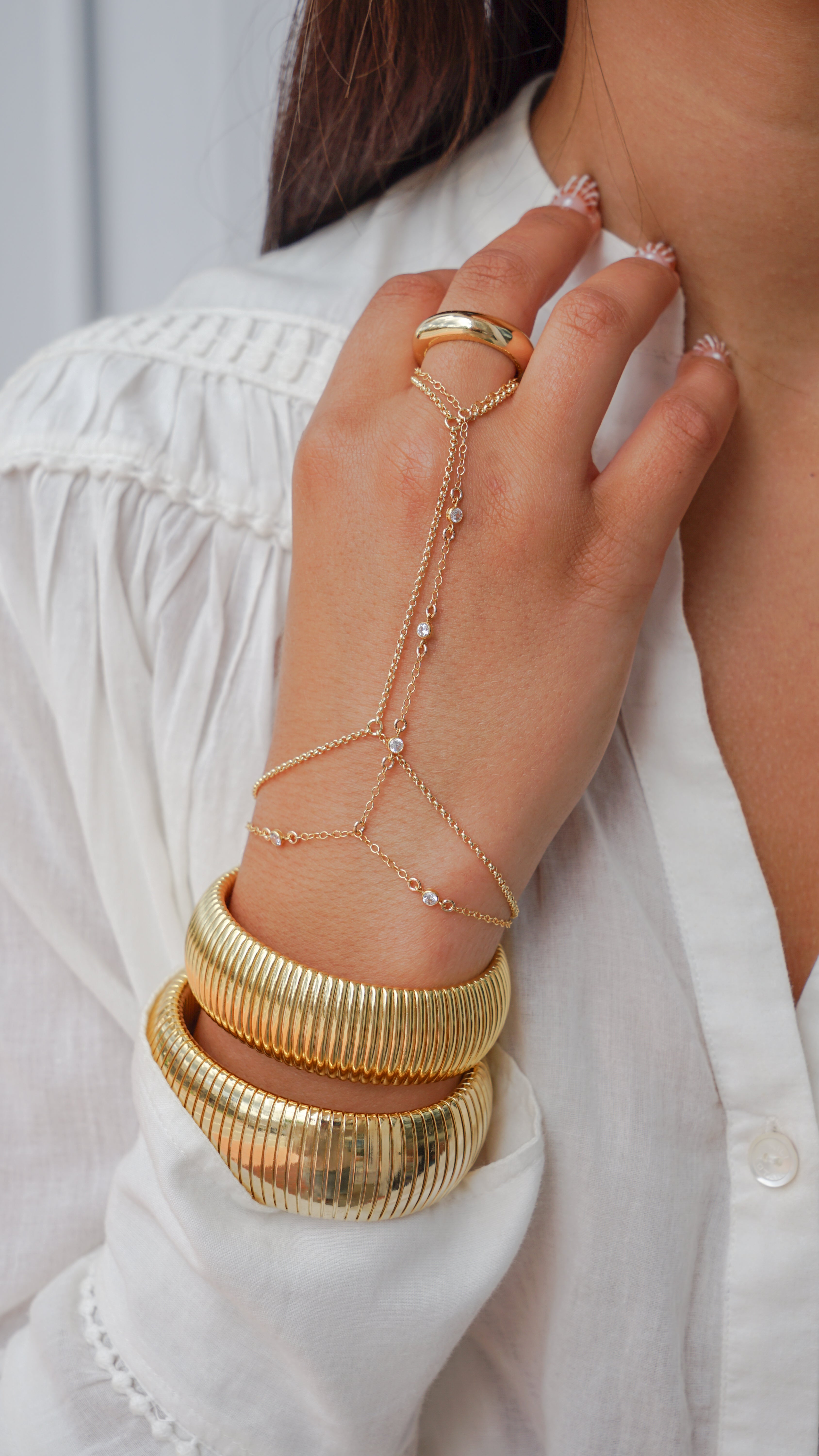 Gold Hand Chain with Bezel-set CZs