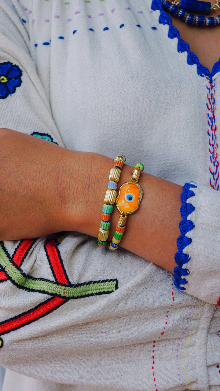 Orange Murano Glass Evil Eye and Bead Bracelet