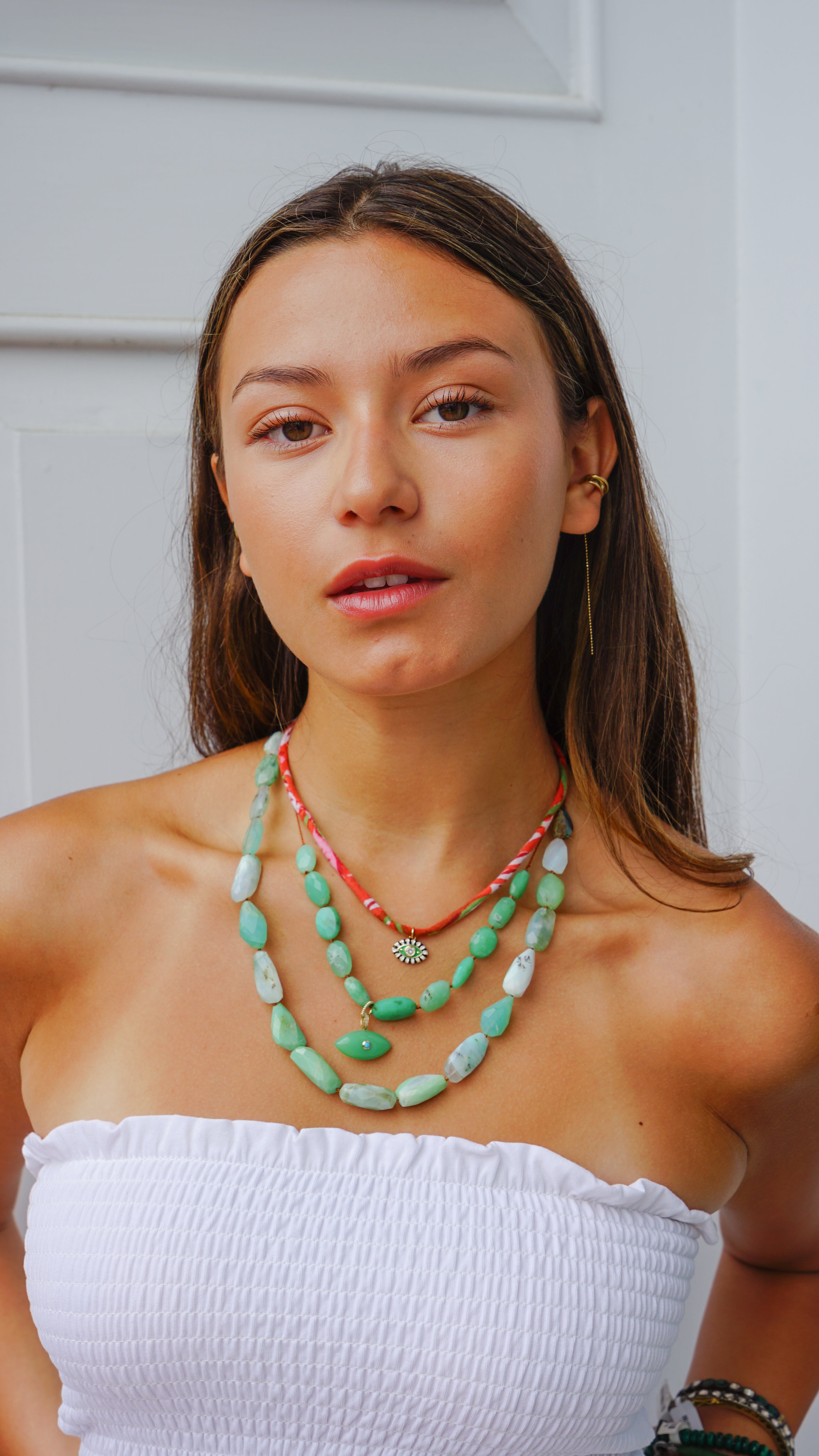 Orange, Green, and Pink Fabric Necklace with Evil Eye