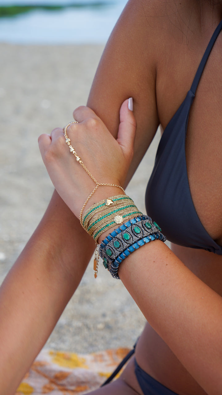 Green Striped Chain Bracelet with Sun Charm