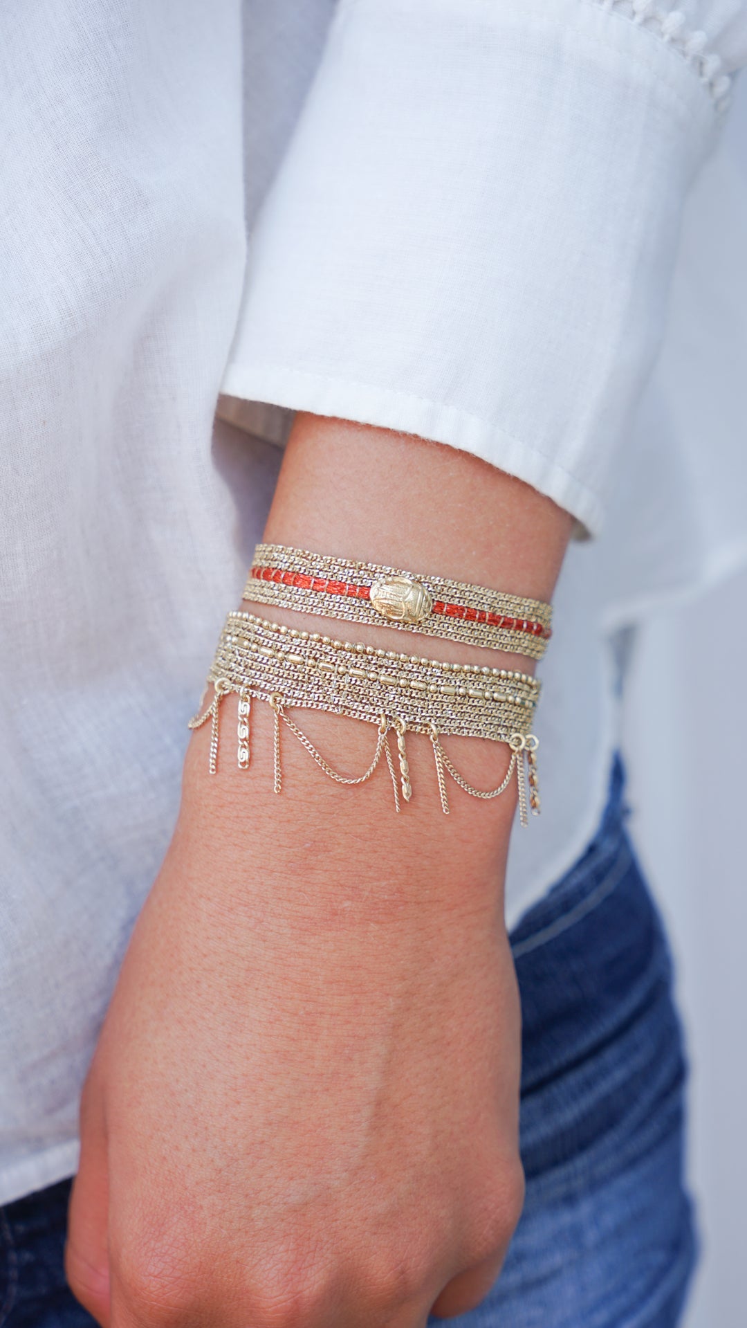 Gold Woven Chain Bracelet with Dangling Chain