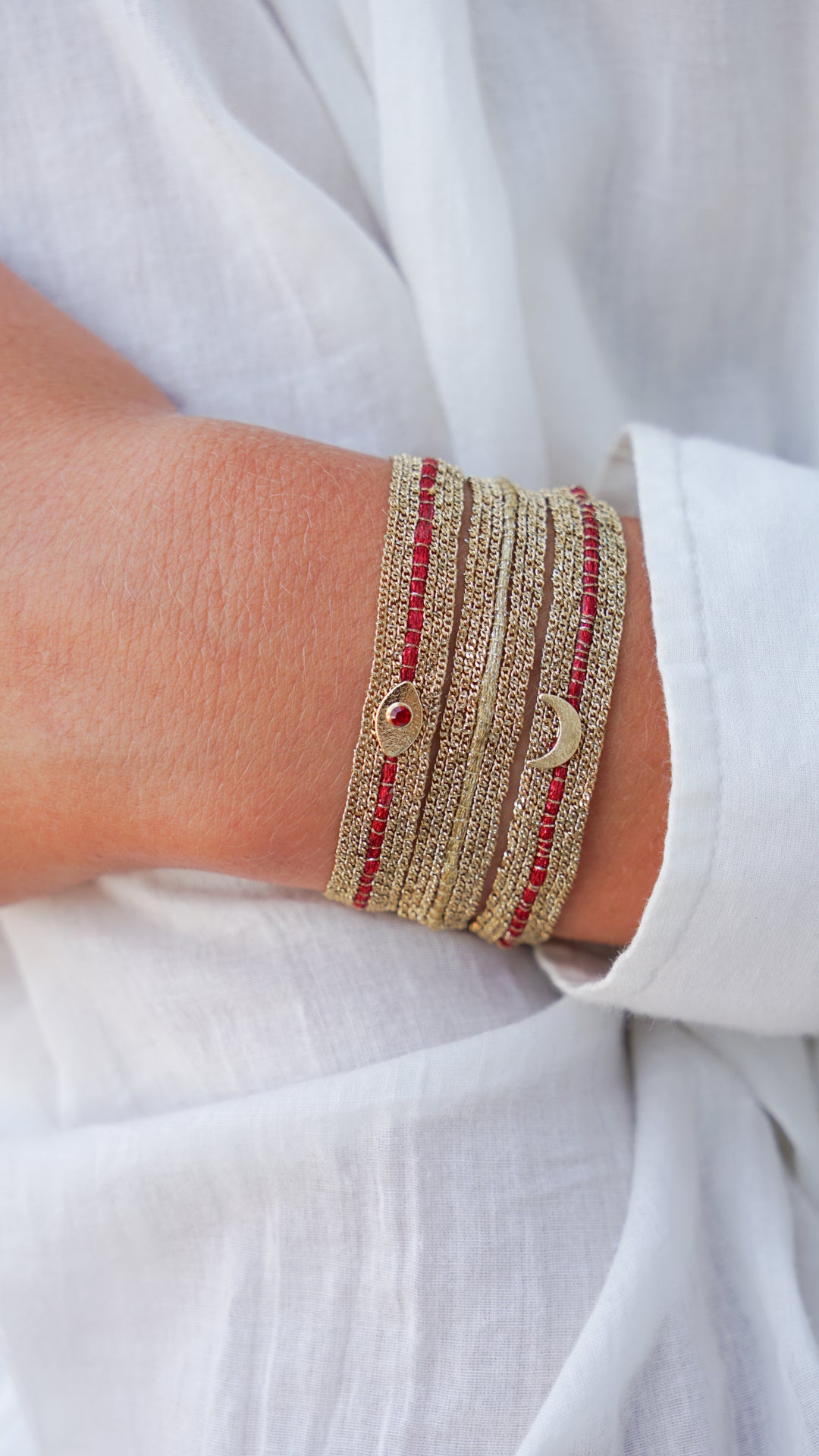 Wider Red Striped Chain Bracelet with Moon Charm