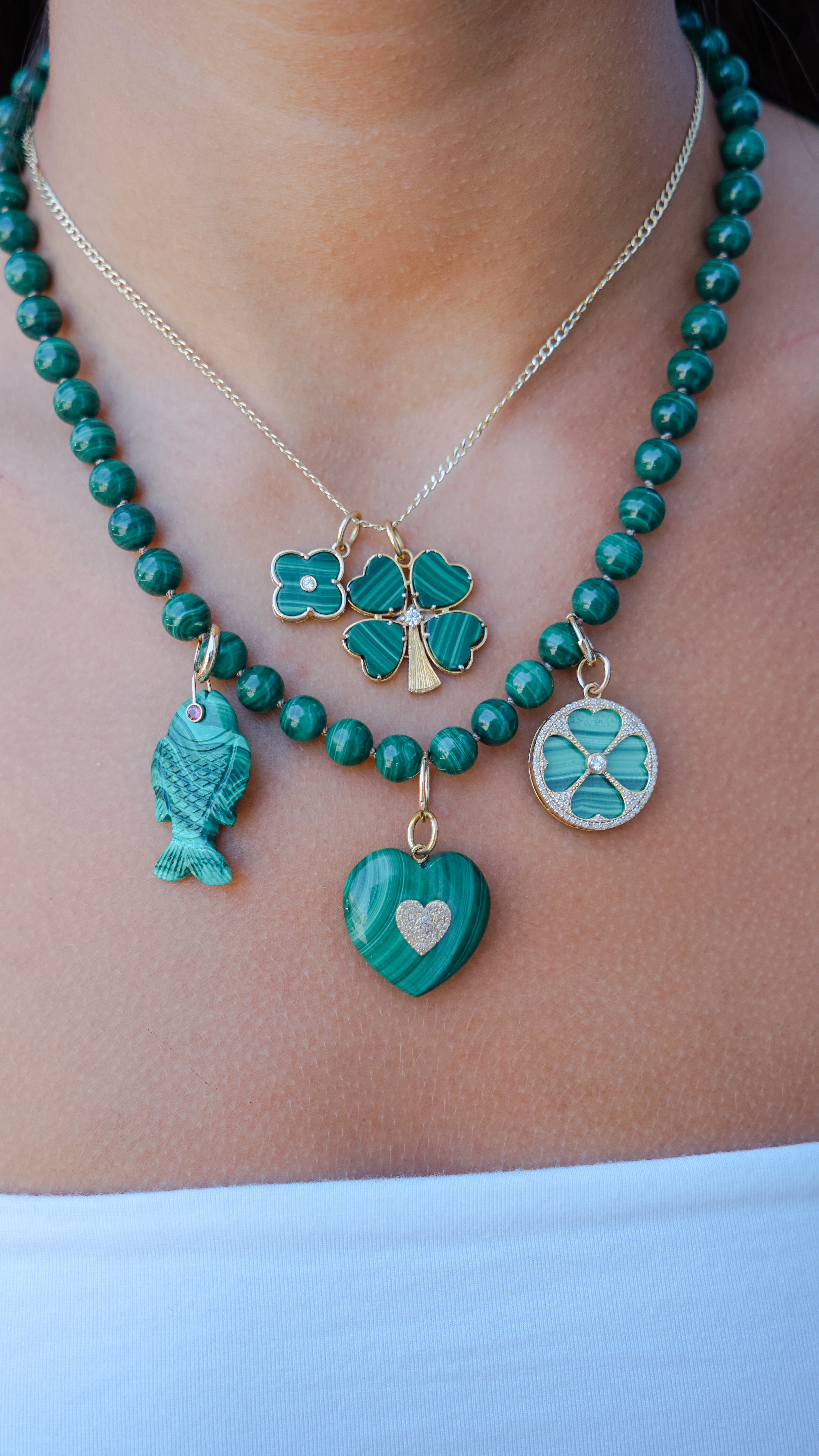 14k Handcrafted Malachite Fish Charm with Pink Tourmaline Eye