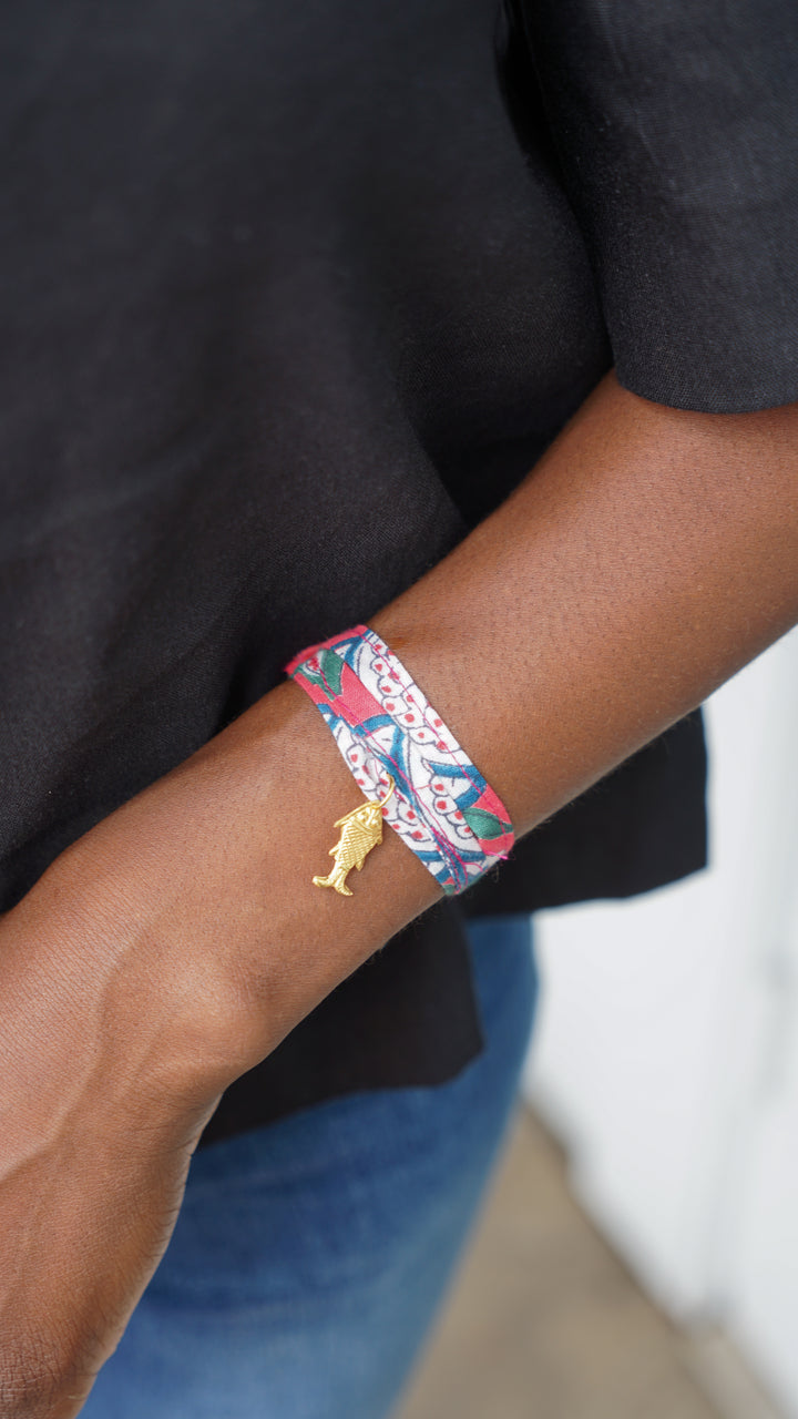 Pink Fabric Necklace/Bracelet with Fish Charm