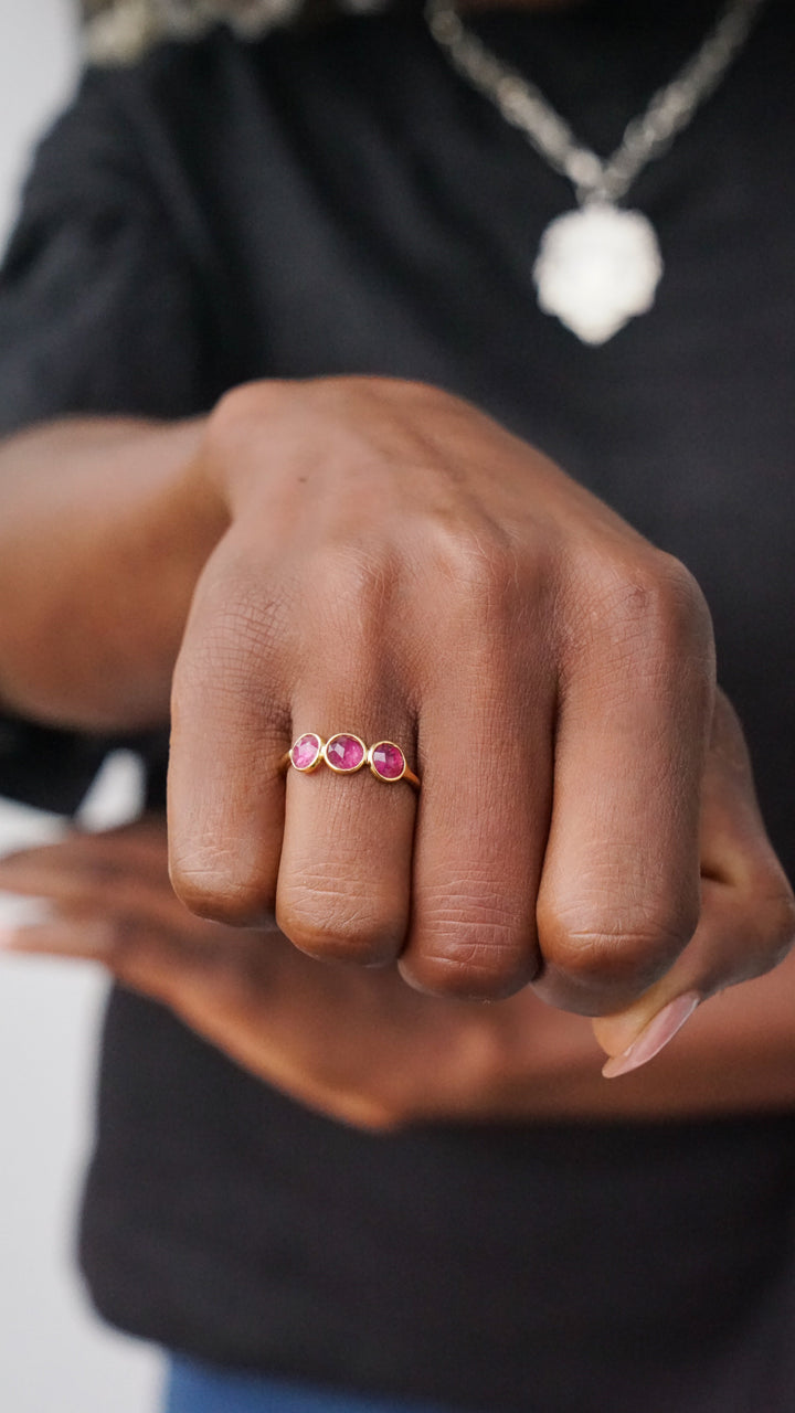 Round Pink Tourmaline 3-Stone Ring