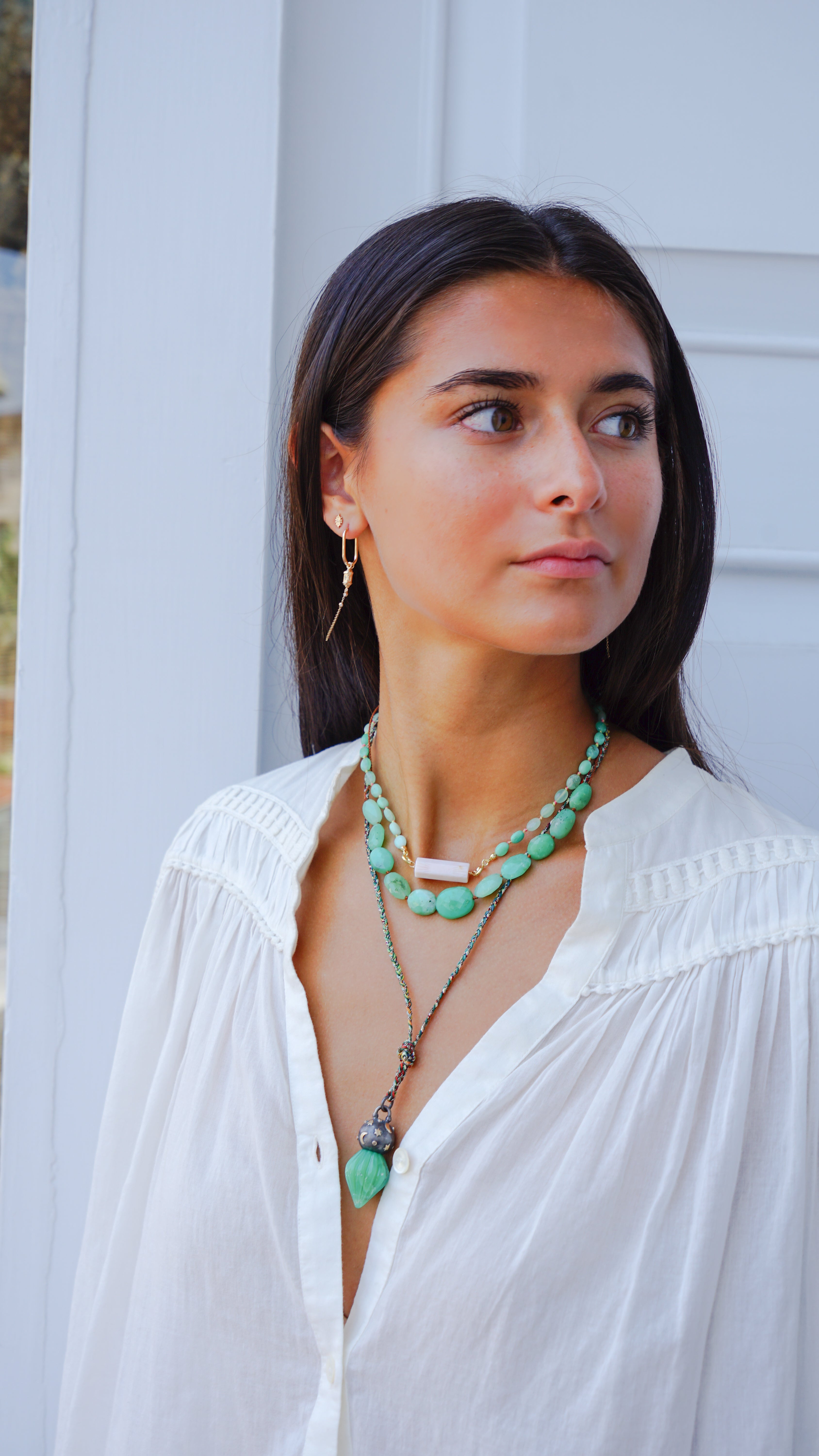 10k/SS Carved Green Chrysoprase Necklace with Diamond Sphere