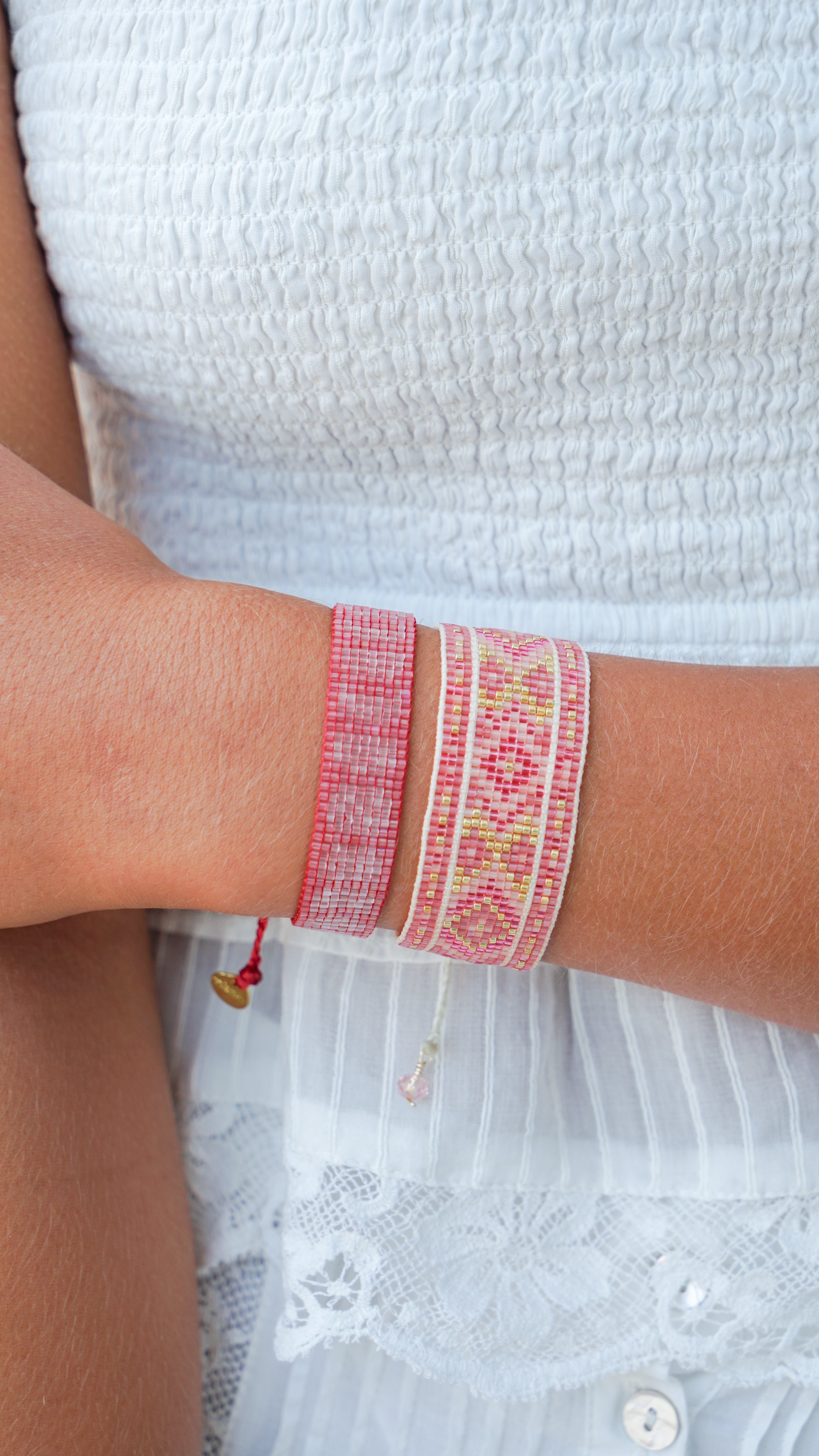 Red and Pink Moons Beaded Bracelet.