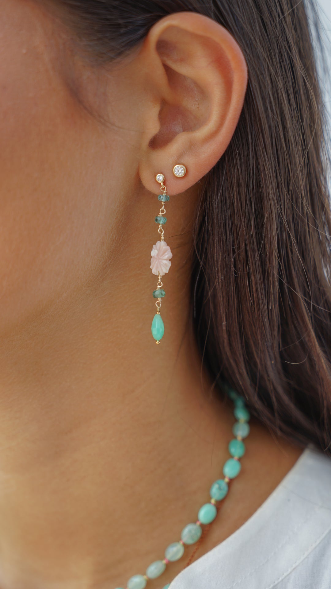 Chrysoprase, Pink Opal, and Tourmaline Chain Earrings