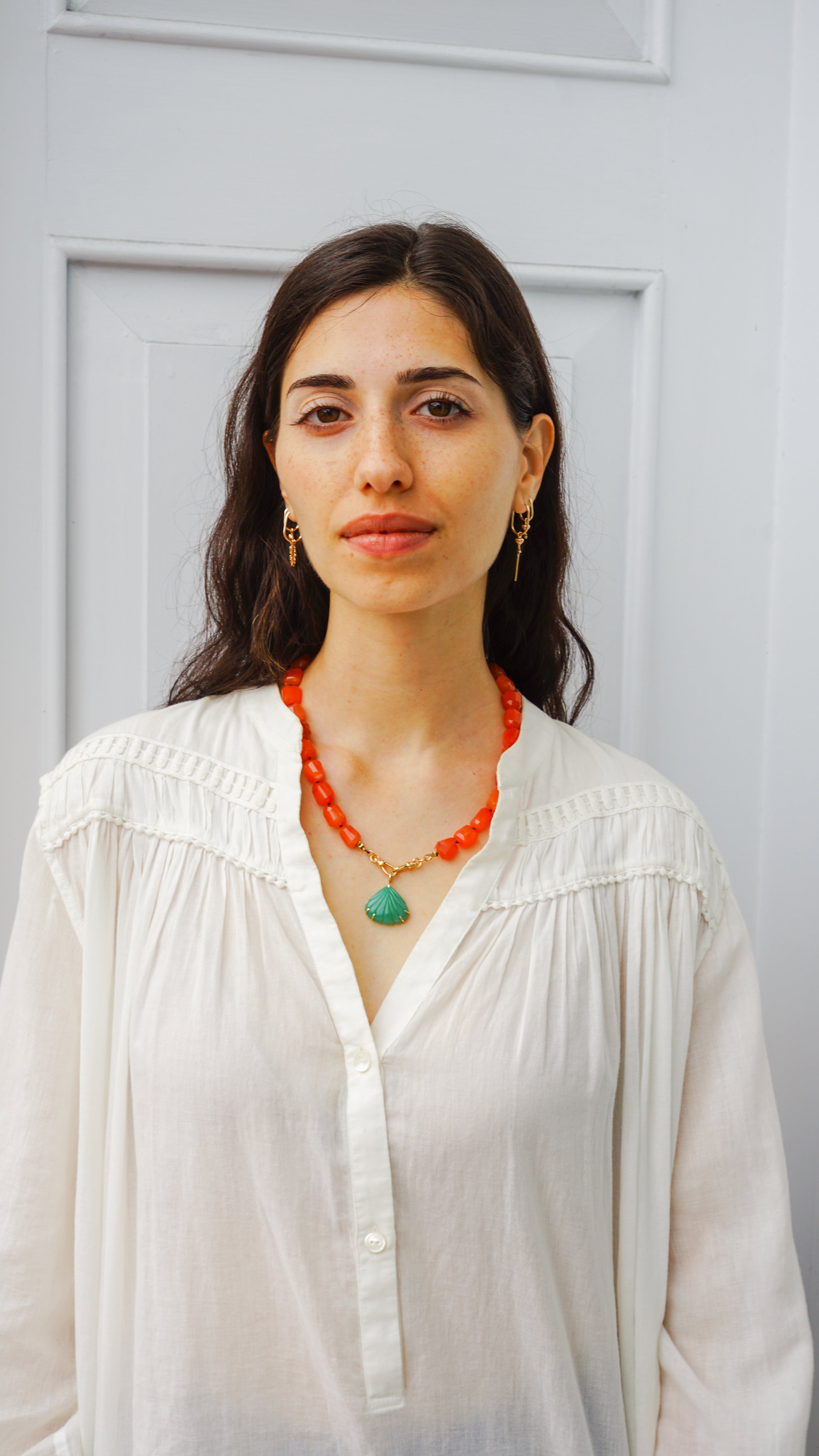 14k Handcrafted Chrysoprase Shell Charm