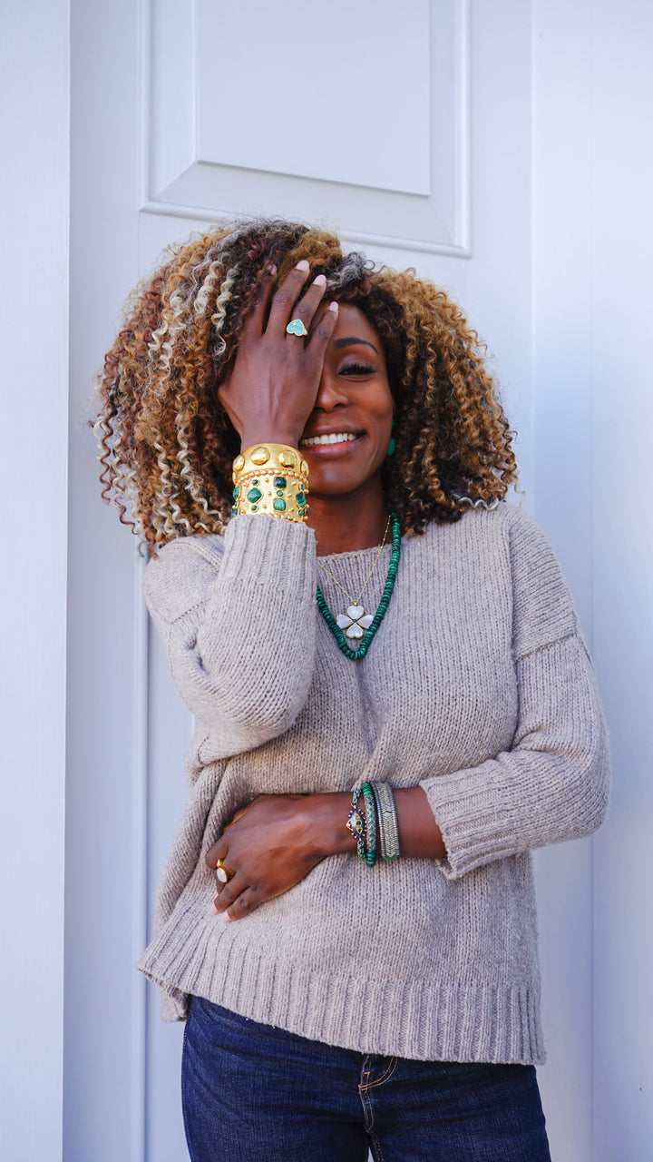 Gold Beaded Cuff with Malachite and Green Onyx