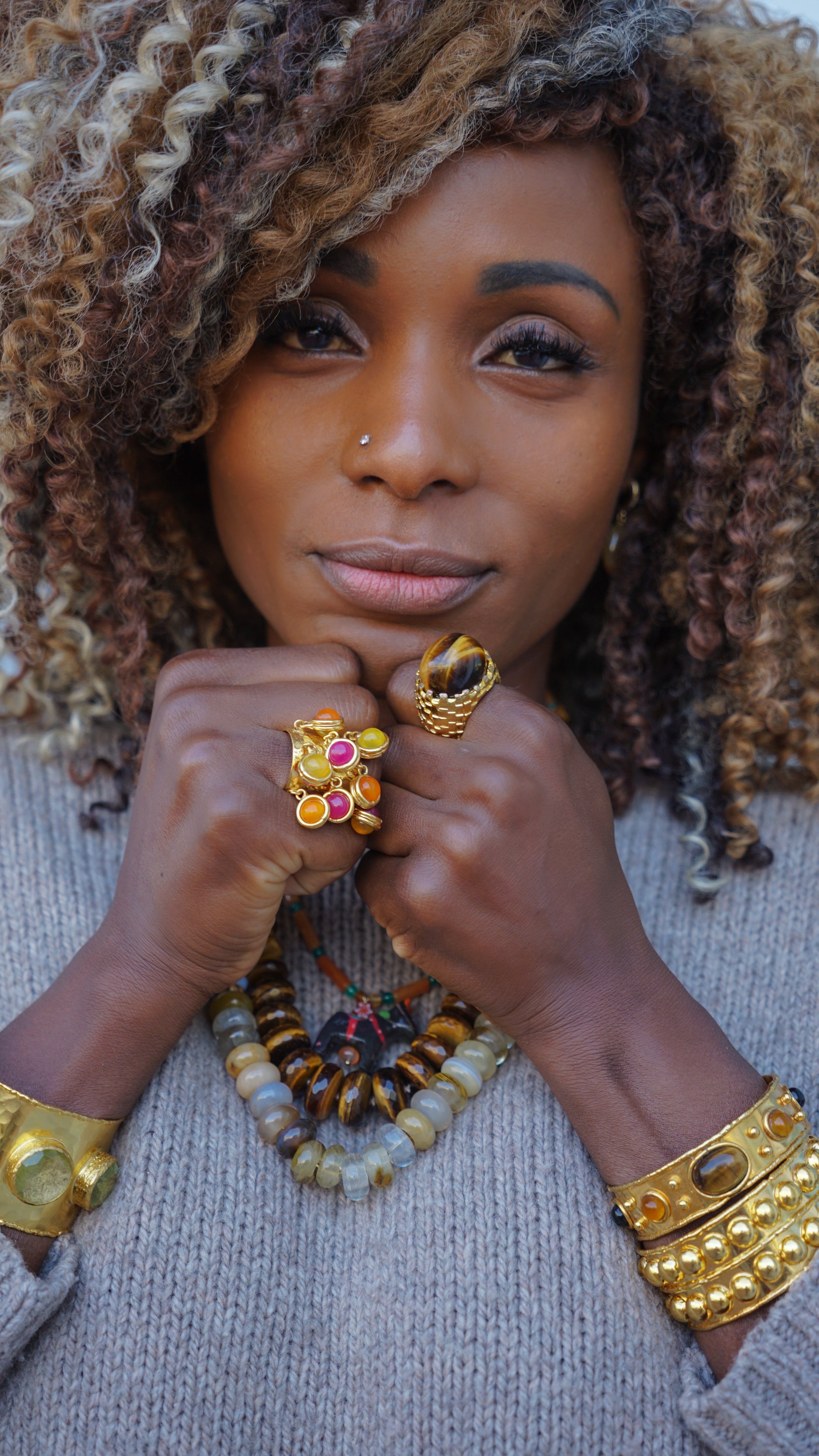 Carnelian, Yellow Onyx, and Pink Jade Candies Ring