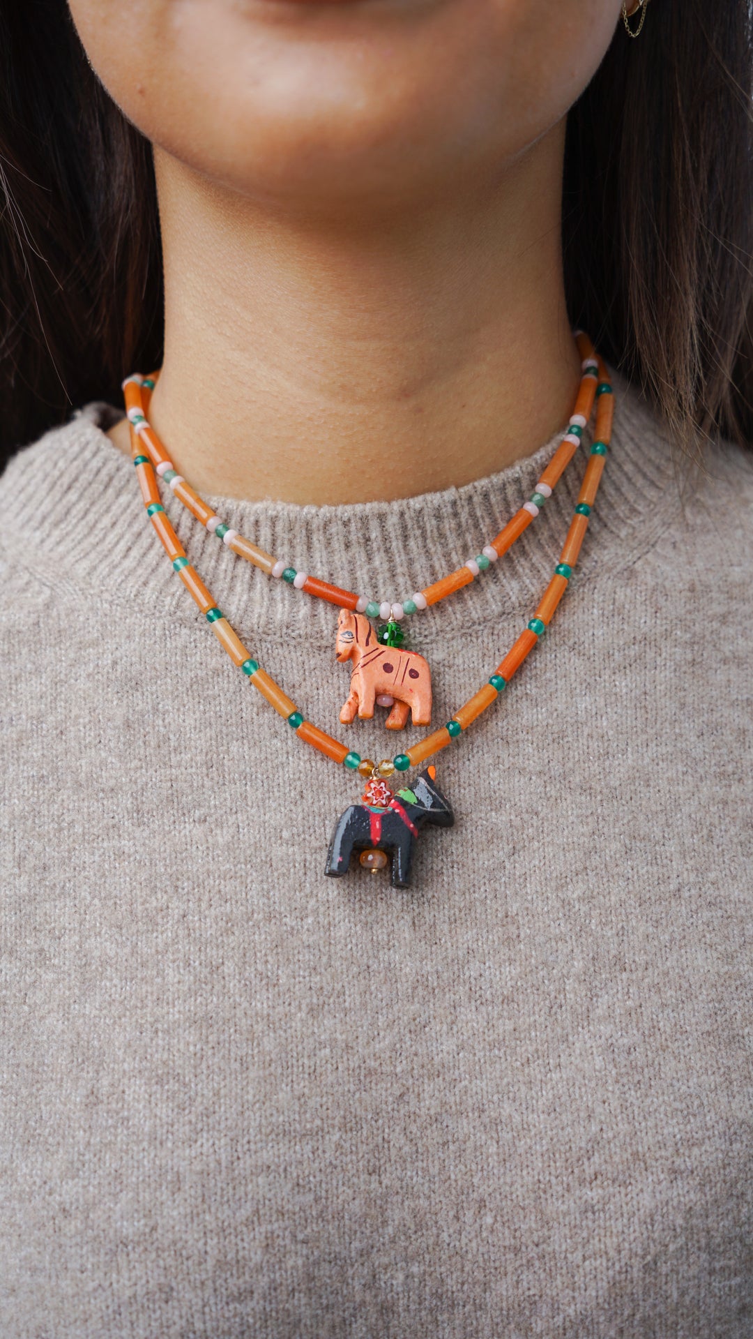 Red and Green Aventurine Bead Necklace with Pink Horse Charm