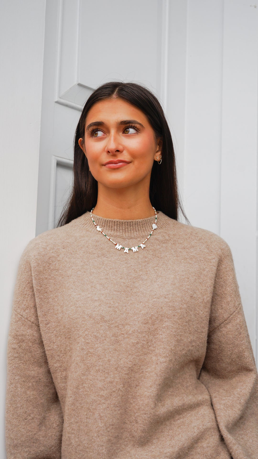 White Seed and Garnet Necklace with Heart and Moon Charms