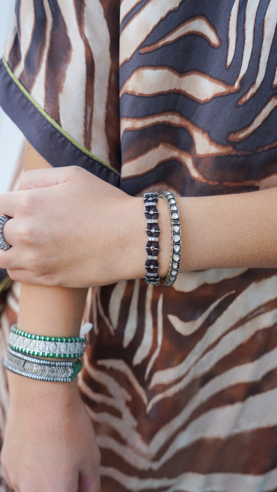 SS and Black Cotton Woven Bracelet with Diamonds