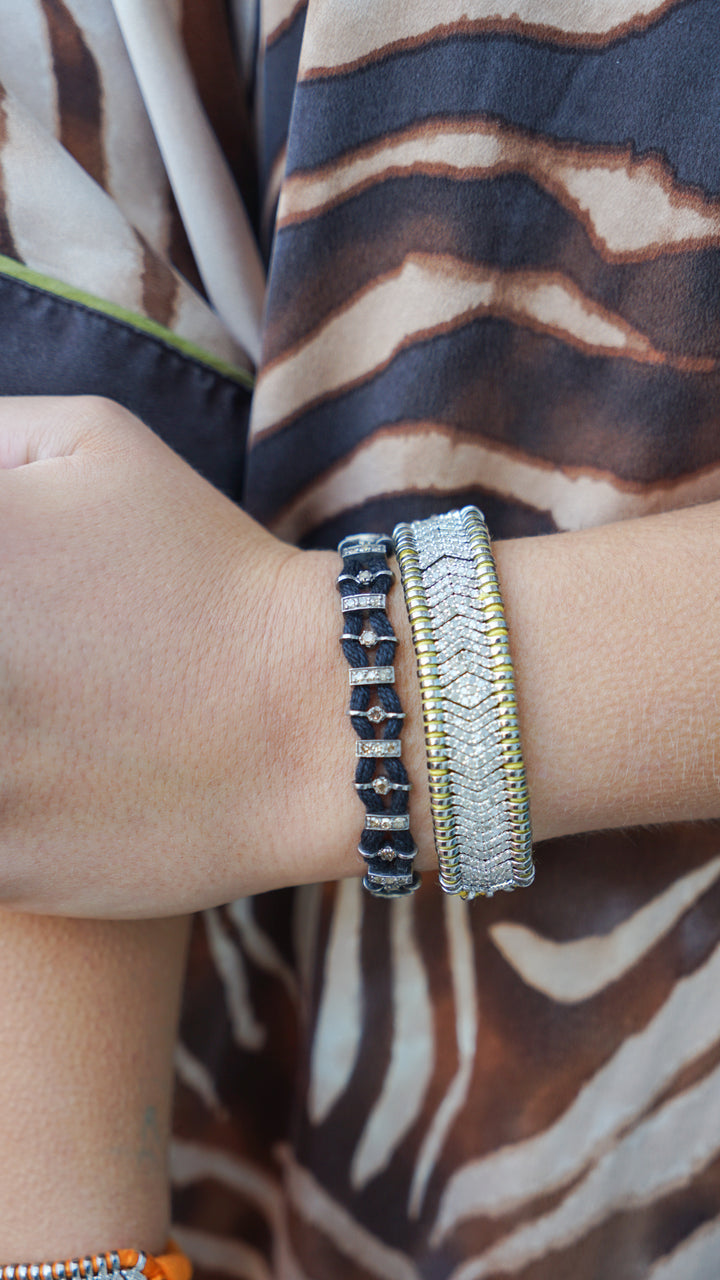 SS and Yellow Cotton Woven Bracelet with Diamonds