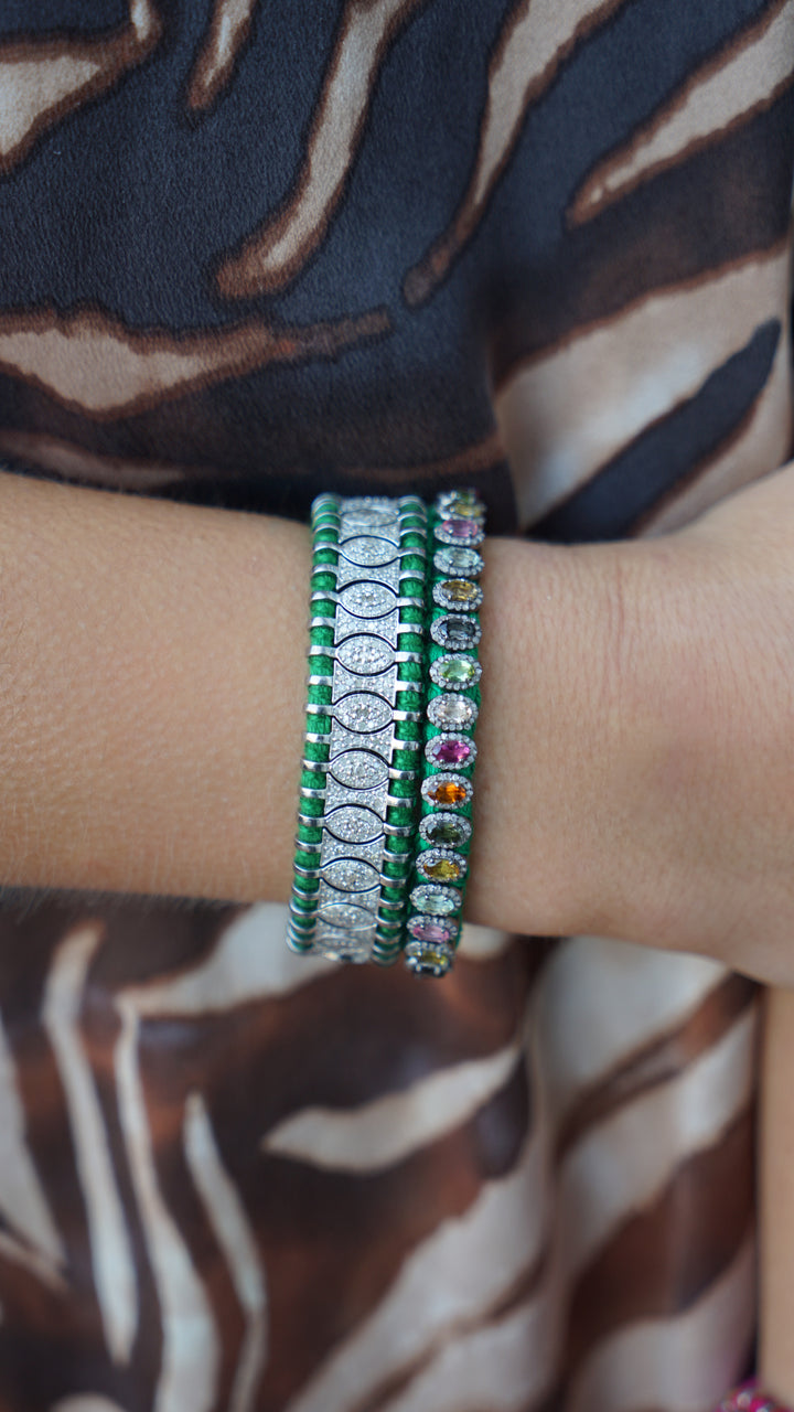 SS and Green Cotton Woven Bracelet with Tourmalines and Diamonds