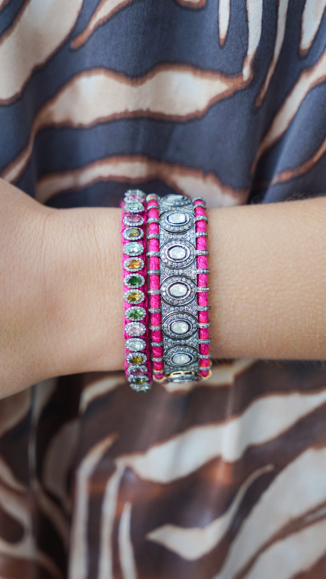 SS and Hot Pink Cotton Woven Bracelet with Tourmalines and Diamonds