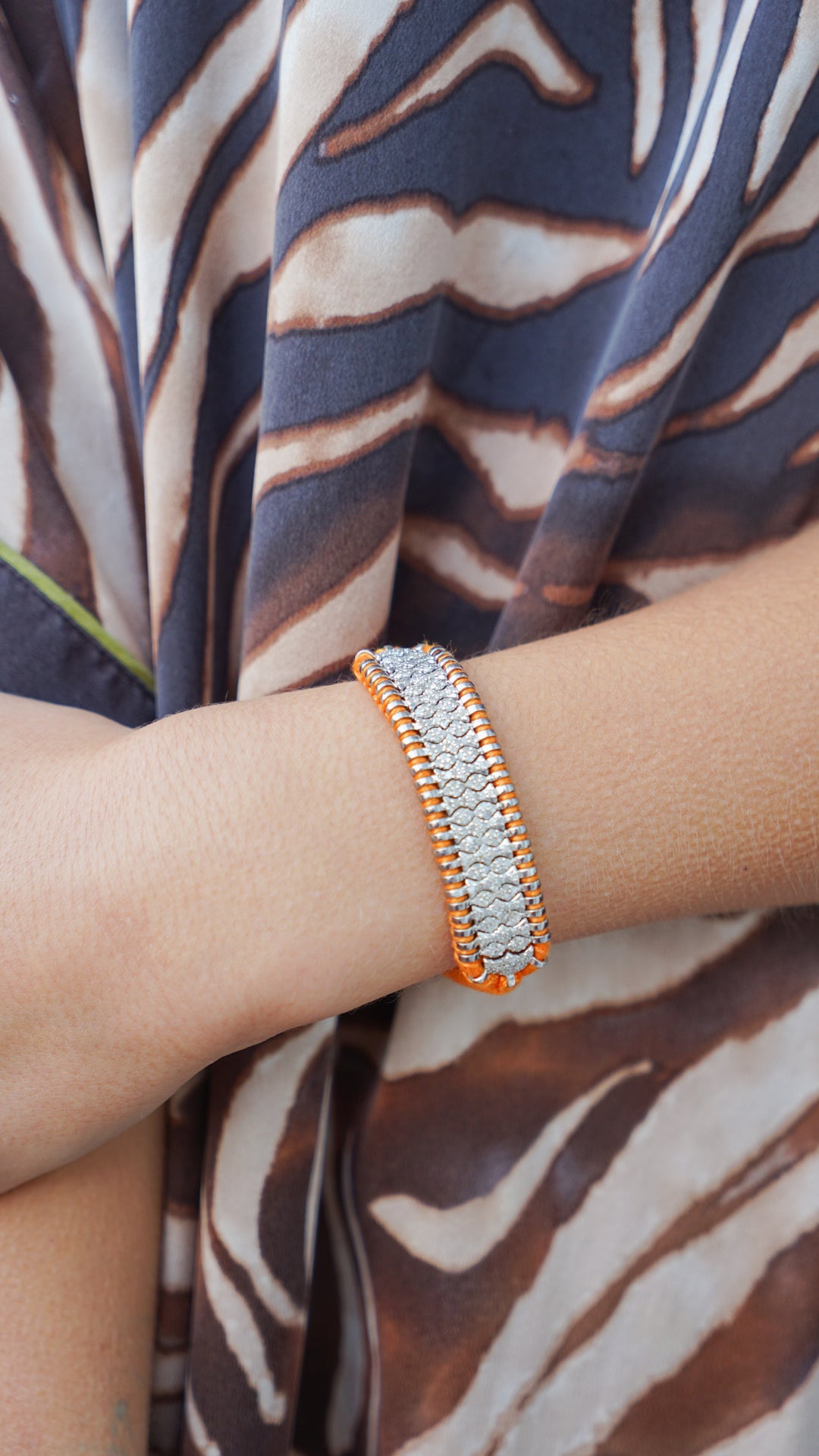 SS and Orange Cotton Woven Bracelet with Diamonds