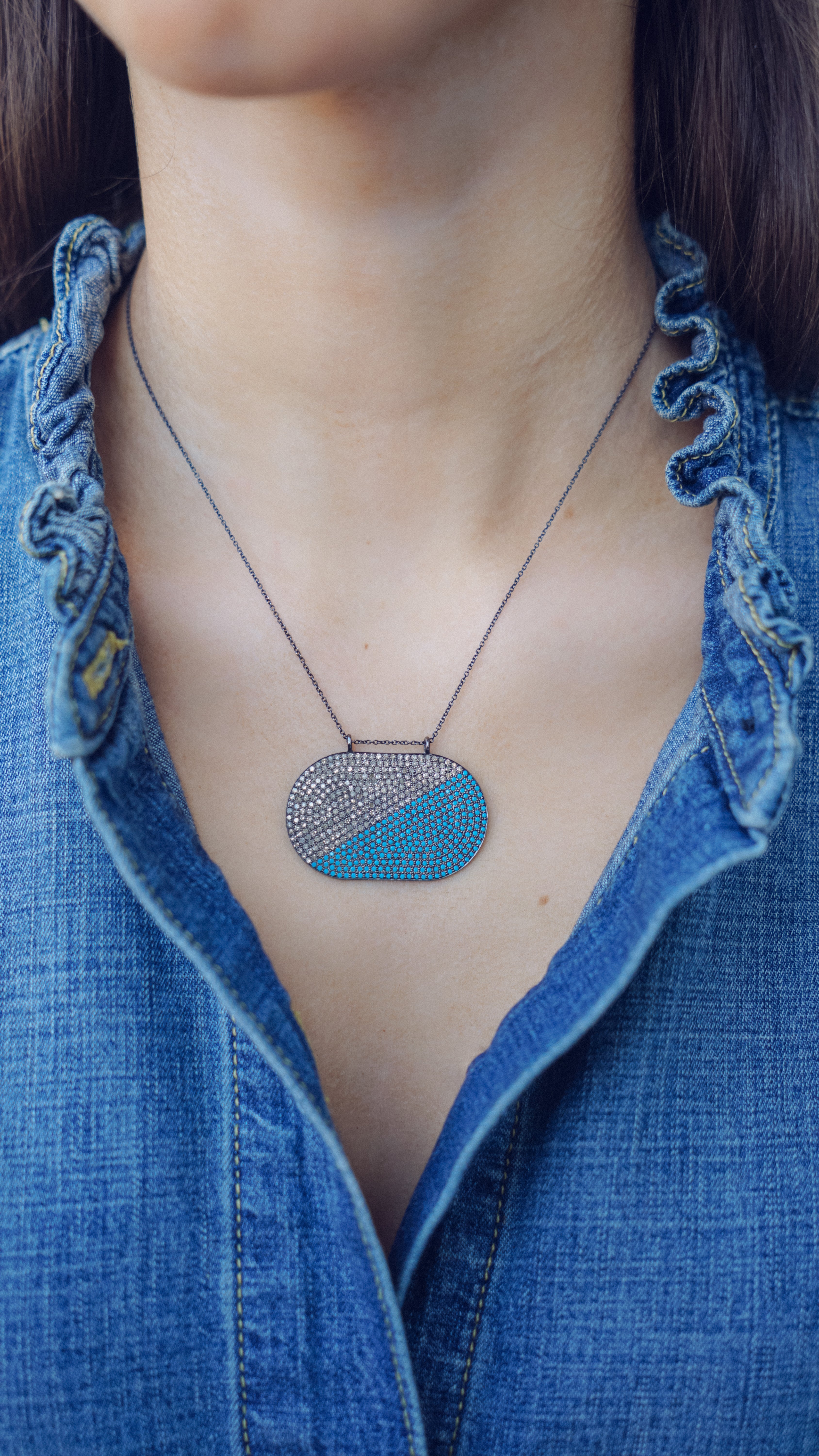SS, Turquoise, and Diamond Elongated Oval Dog Tag Necklace