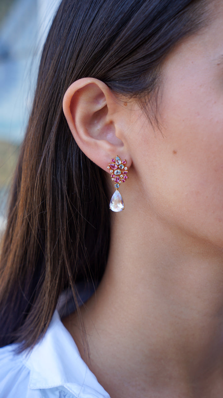 14k Moonstone, Tourmaline, and Aqua Earrings