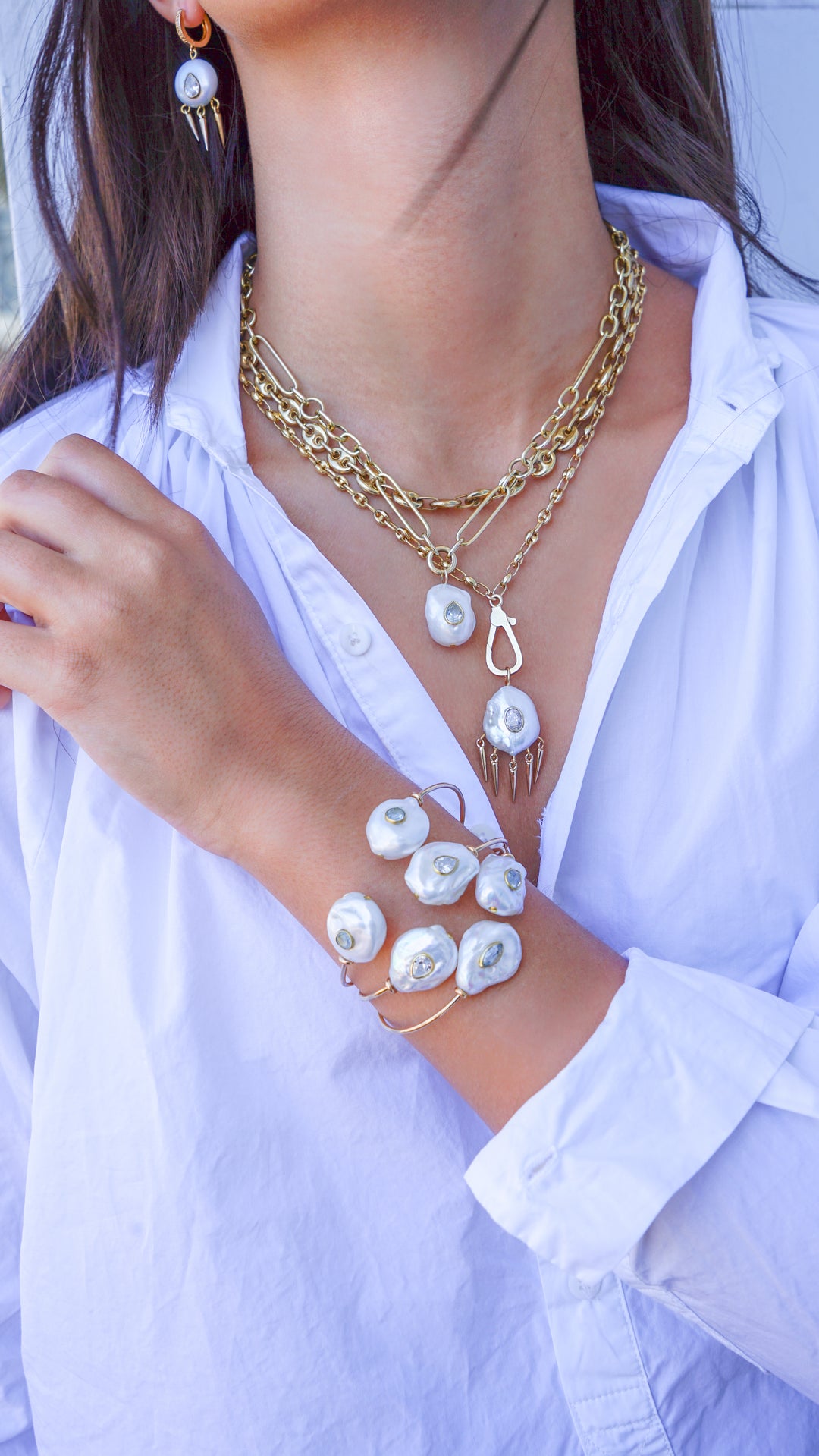 Baroque Pearl Cuff Bracelet with Round Blue Topaz