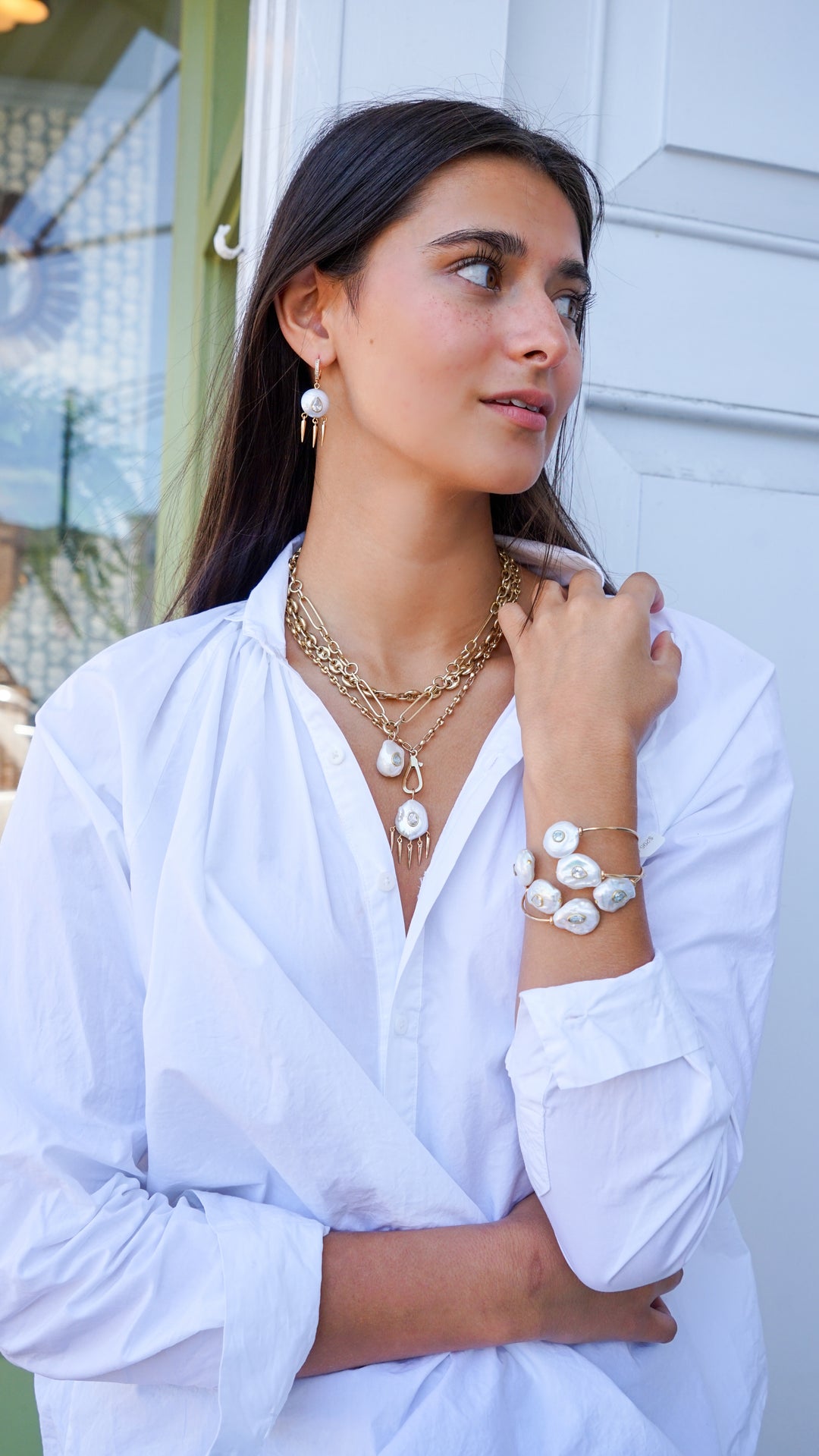 Baroque Pearl Cuff Bracelet with White Topaz Stones