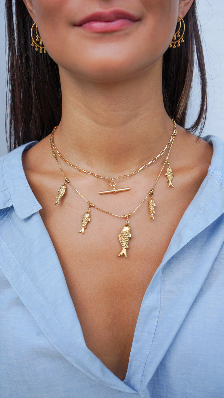 Gold Five Fish Charm Necklace
