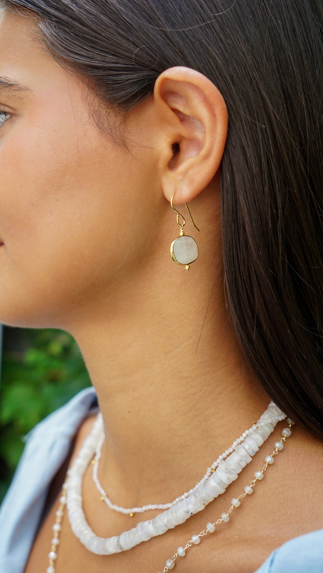Bezeled Rainbow Moonstone Drop Earrings