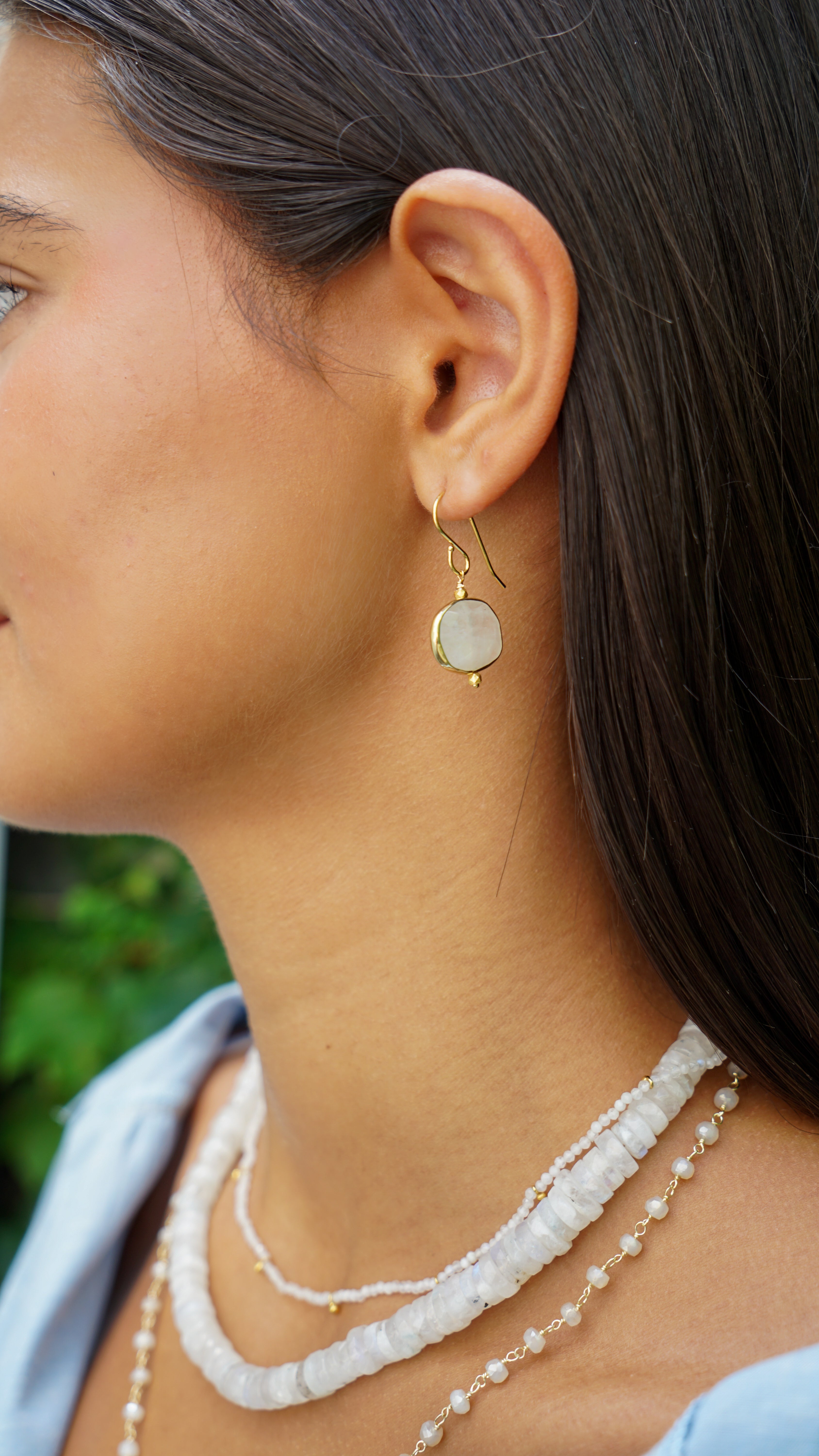 Bezeled Rainbow Moonstone Drop Earrings