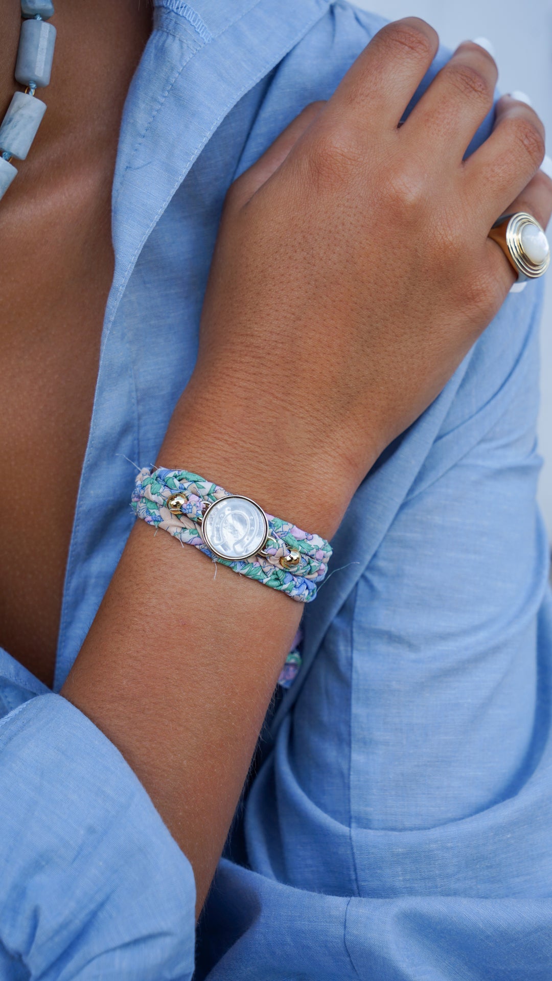 Blue and Green Perwinkle Liberty Print Bracelet with Horseshoe Charm