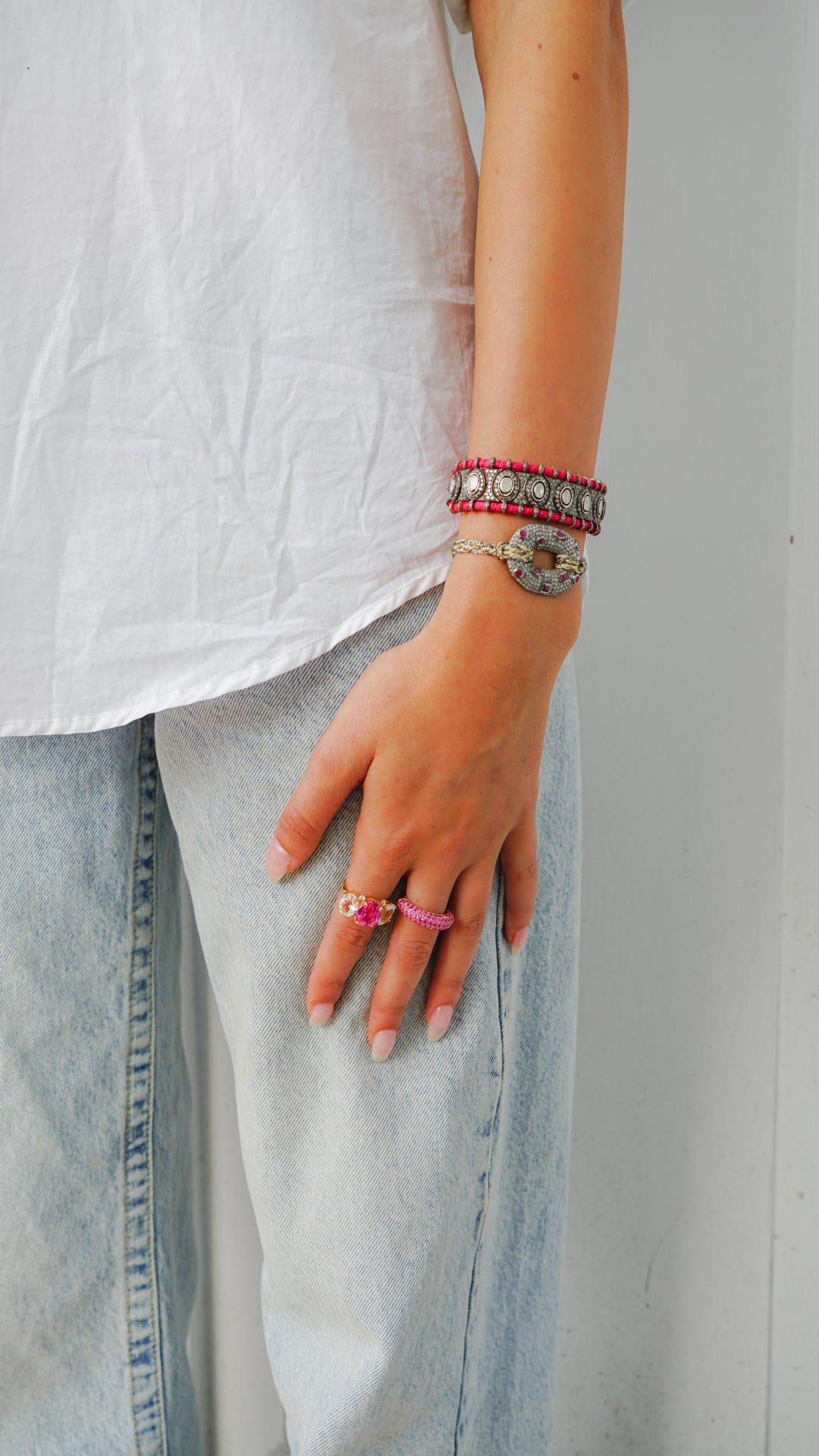 Woven Bracelet with Rose-Cut Diamonds and Large Rubies