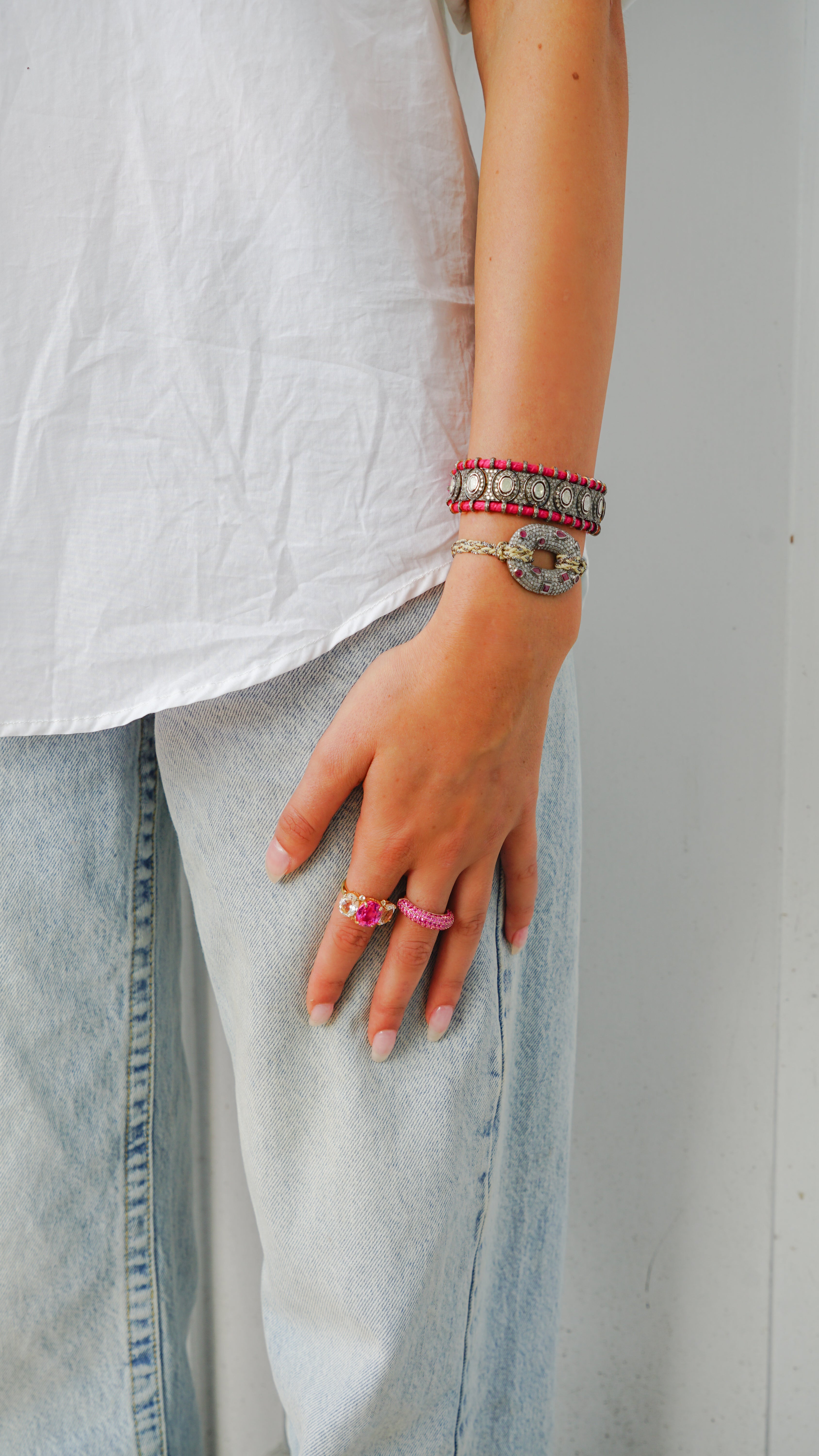 Woven Bracelet with Rose-Cut Diamonds and Large Rubies