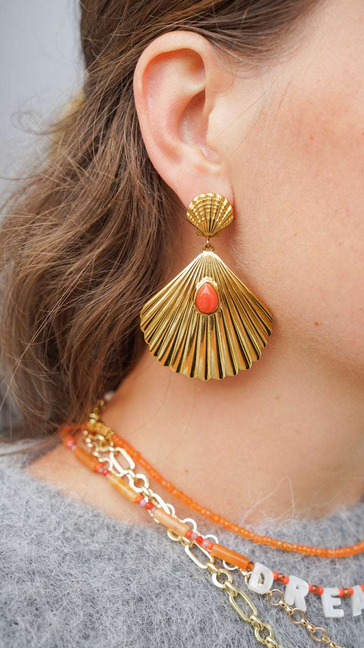 Gold Seashell Drop Earrings with Coral