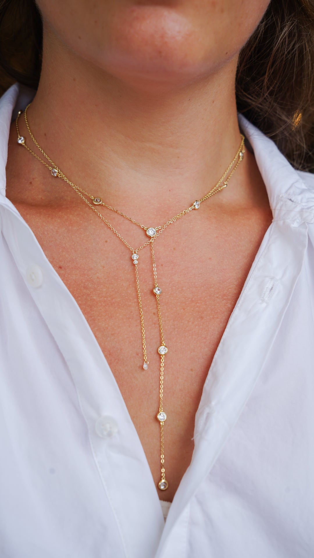 Gold Lariat Necklace with CZs