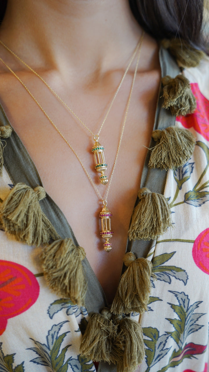 Gold Lantern Charm Necklace with Green Zircons