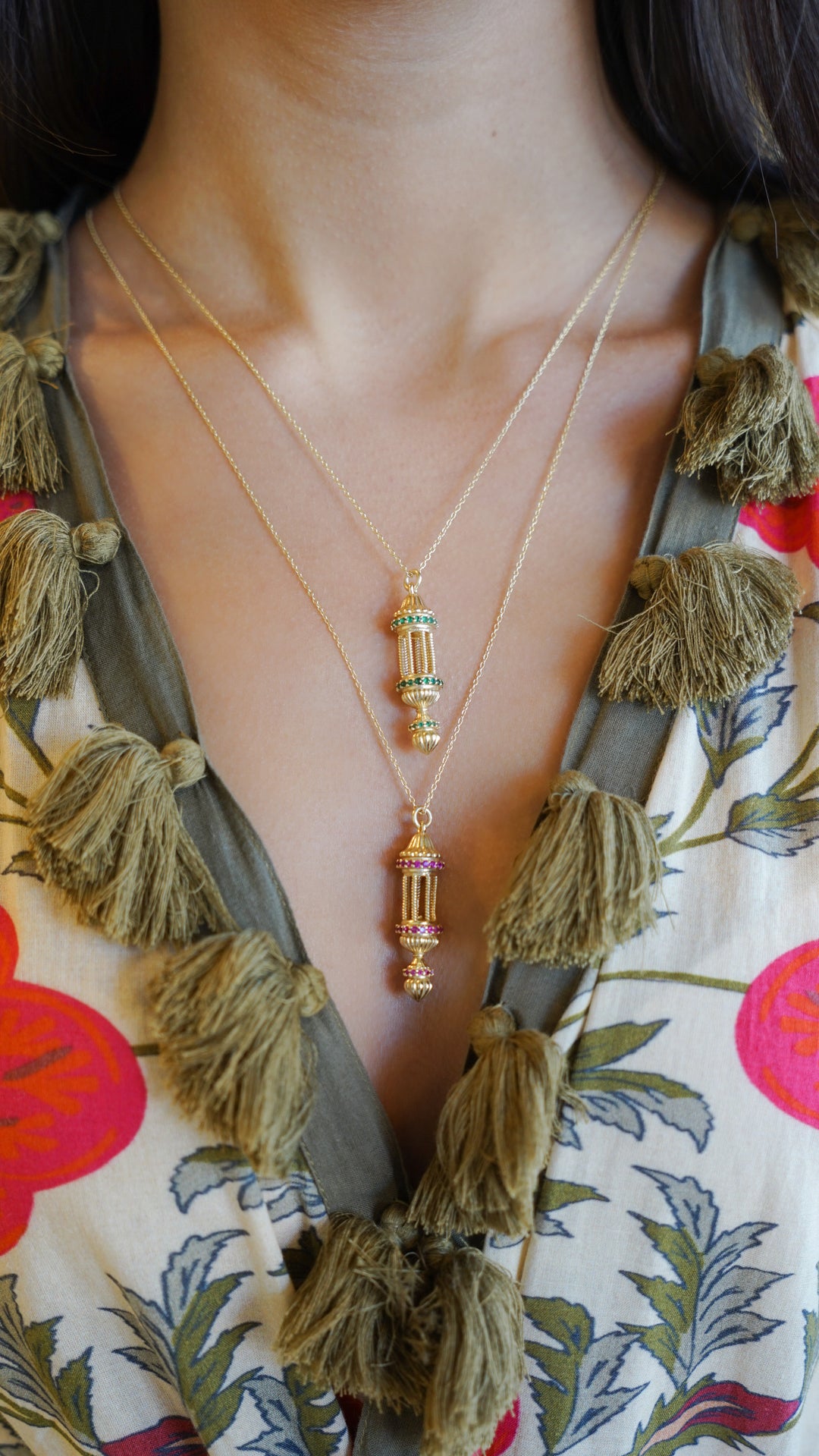 Gold Lantern Charm Necklace with Pink Zircons