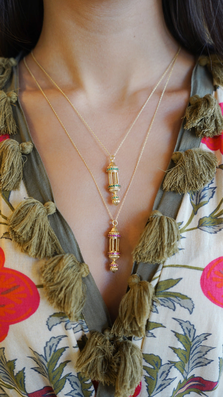 Gold Lantern Charm Necklace with Pink Zircons