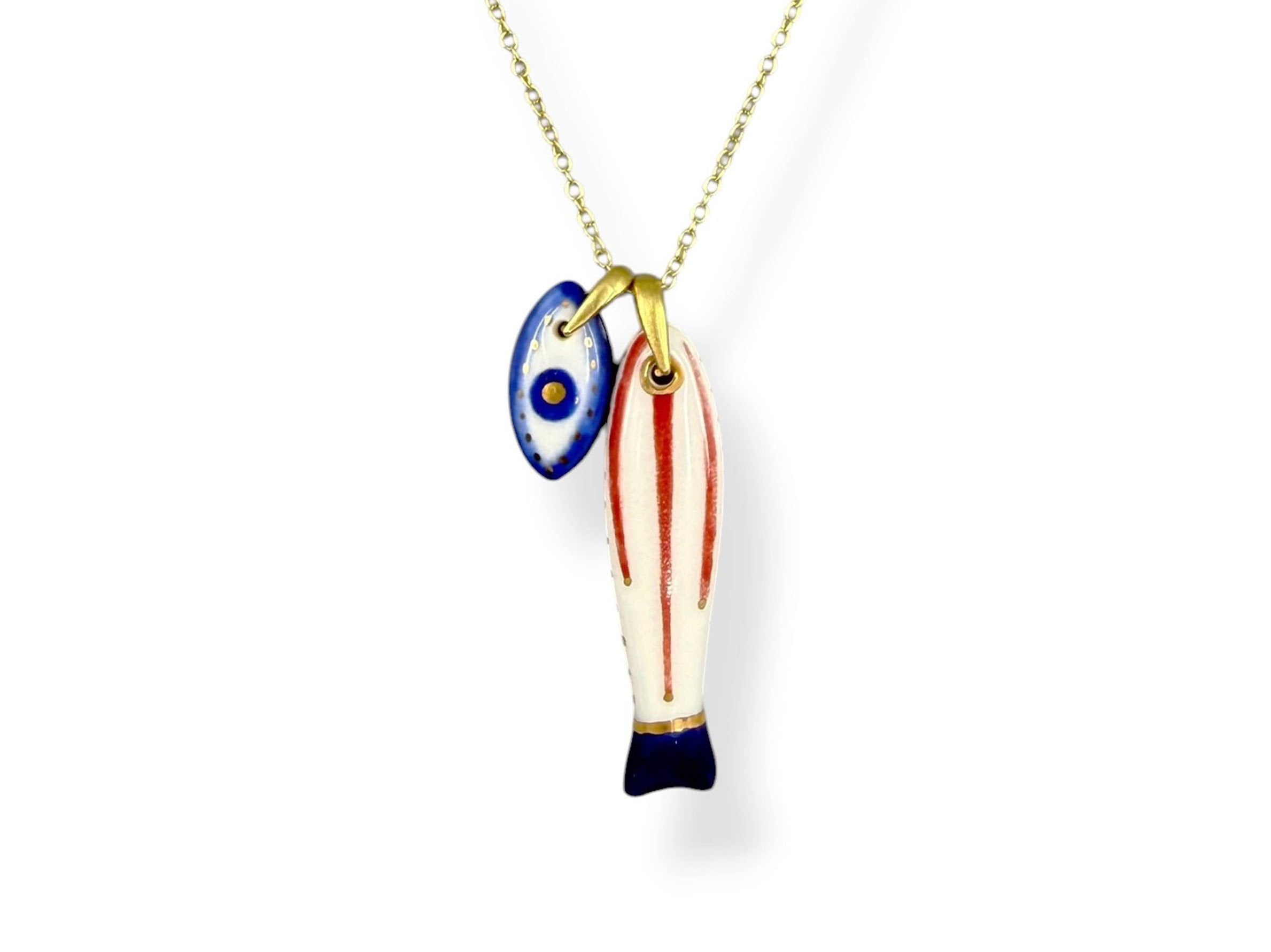 Small Porcelain Red Stripe Sardine Charm with Evil Eye Charm