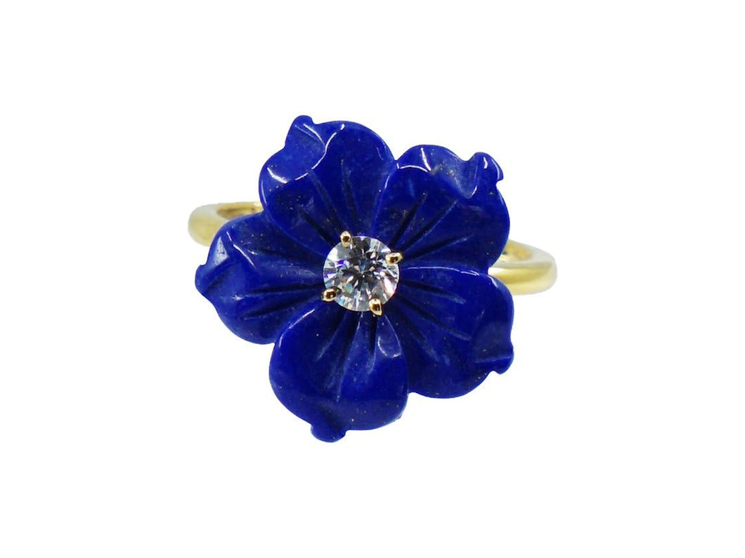 Carved Lapis Flower Ring with CZ Center