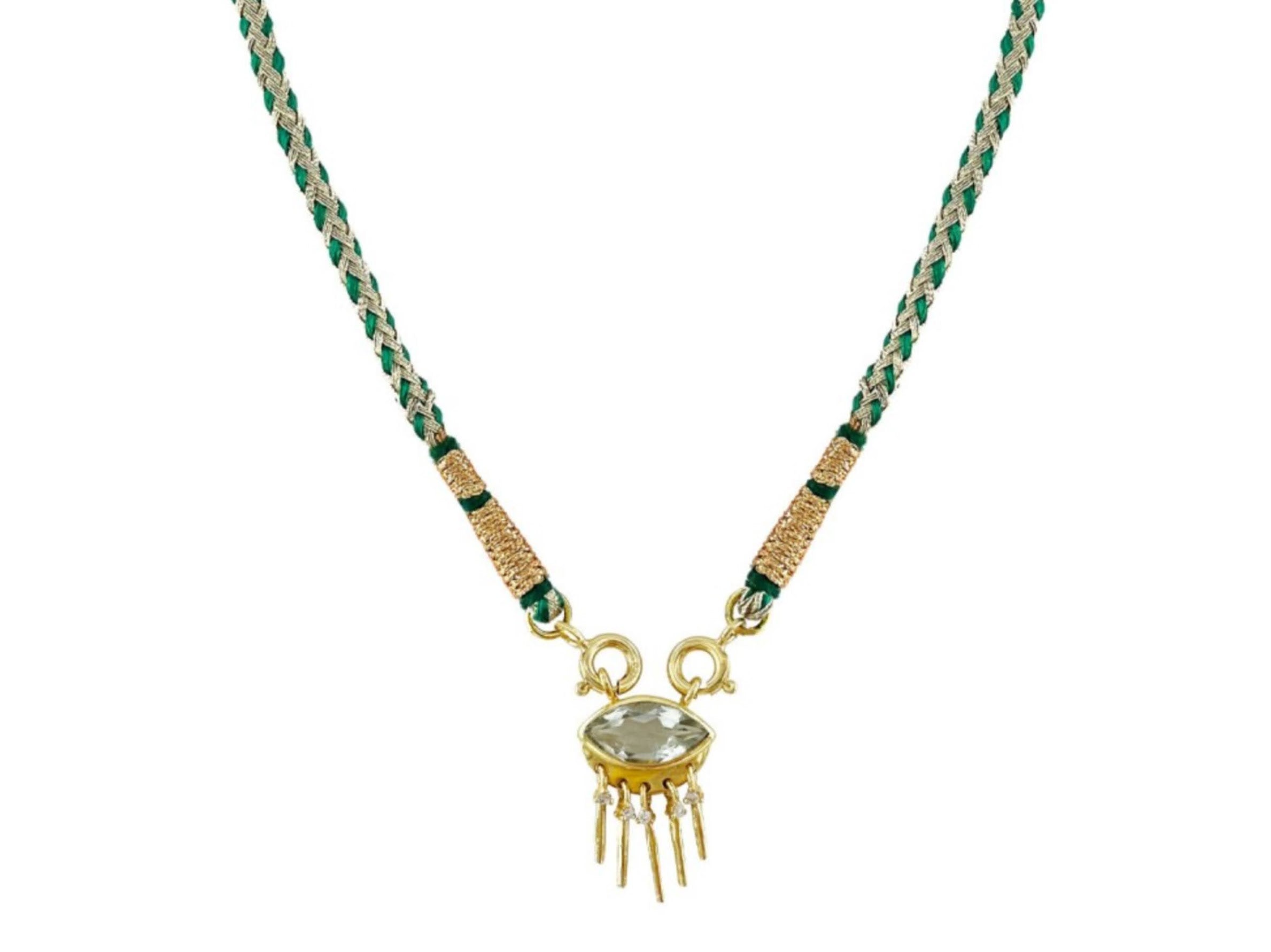 Green Amethyst and Diamonds Eye Charm on Lurex Cord