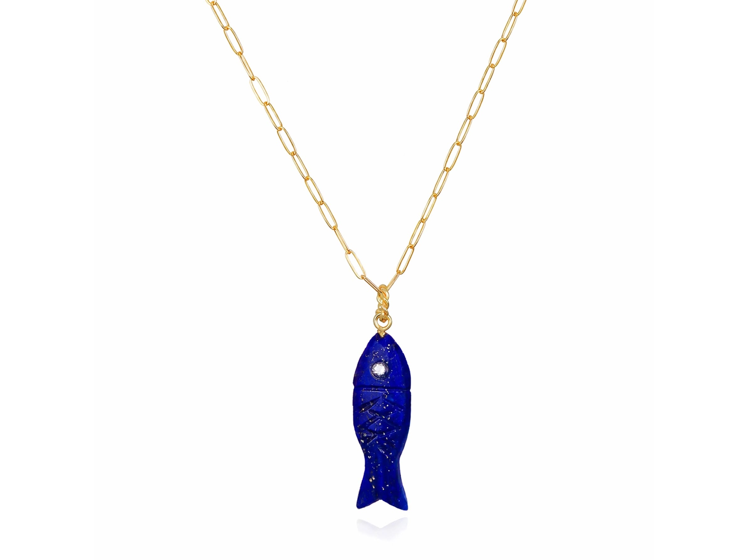Hand-Carved Lapis Fish Charm Necklace