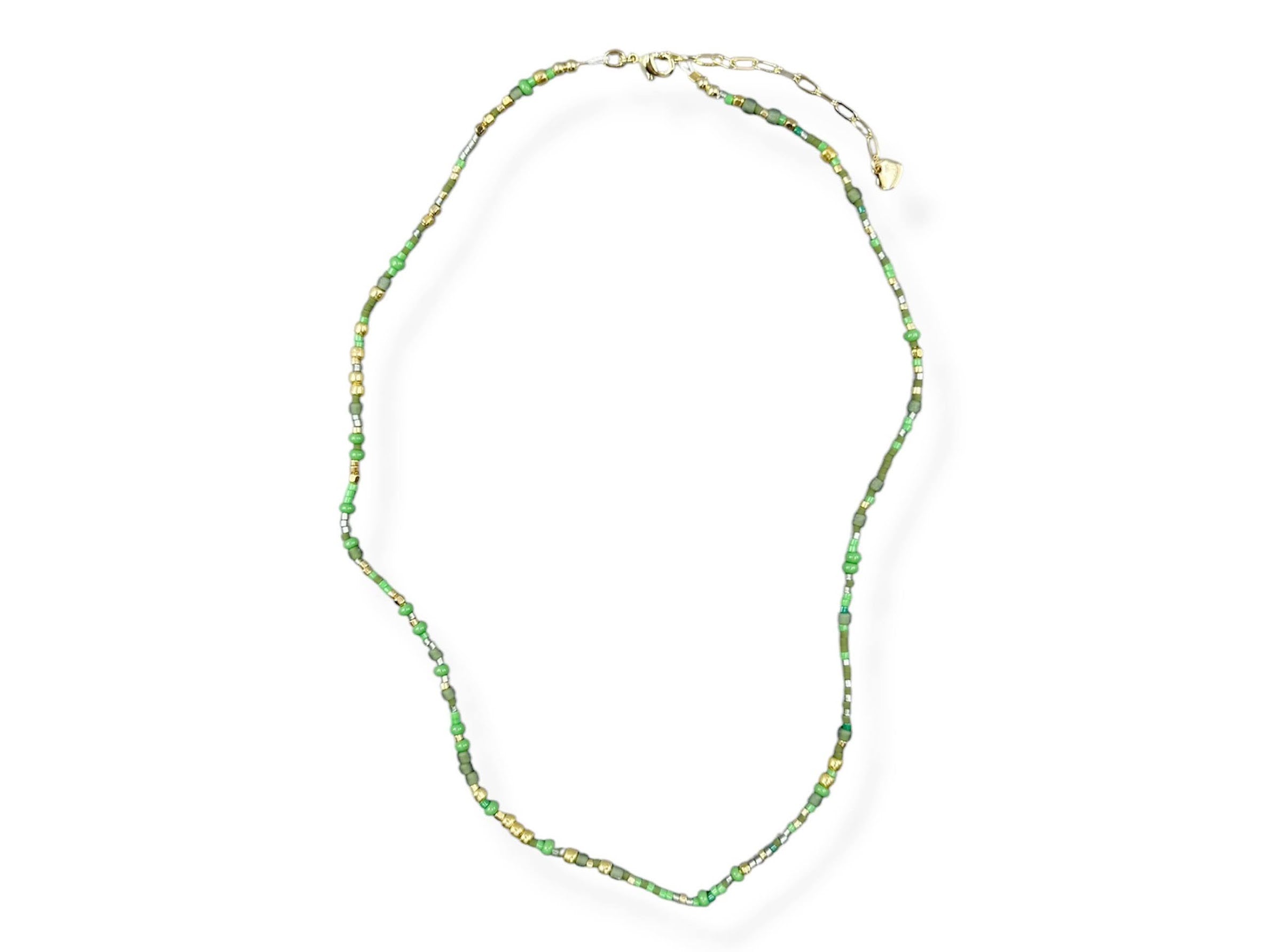 Green Glass Seed Bead and Gold Bead Necklace