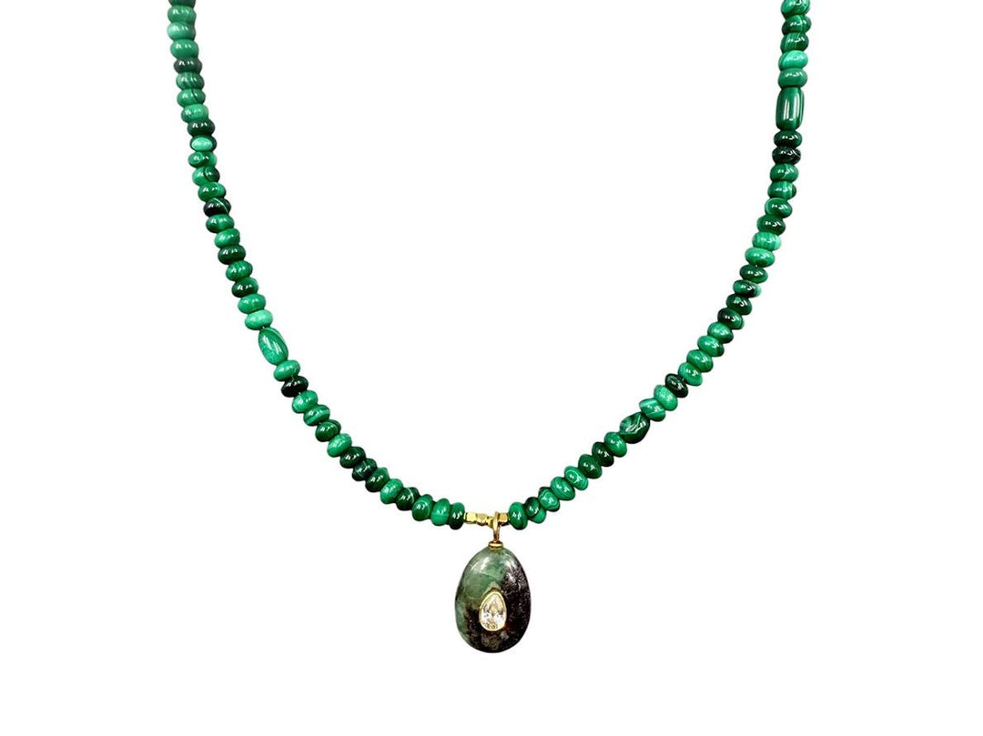 Malachite Charm on Malachite Beads Necklace
