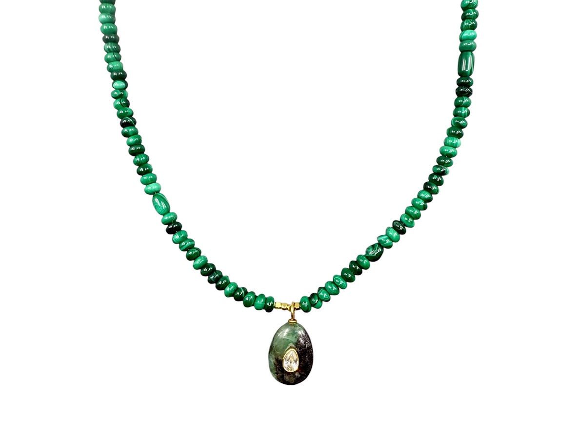 Malachite Charm on Malachite Beads Necklace